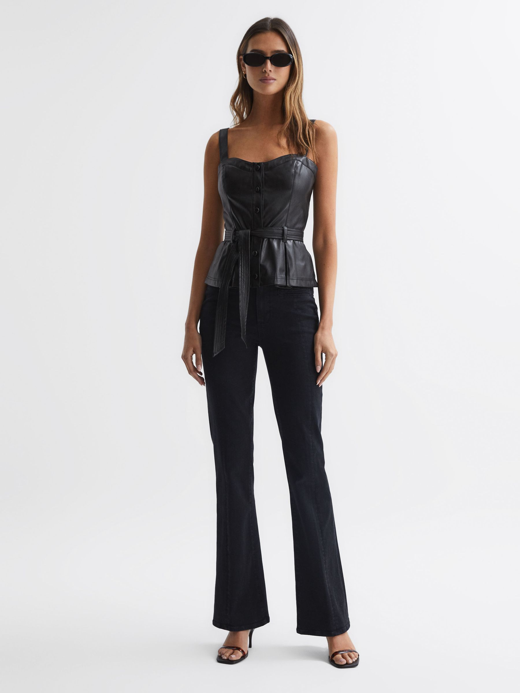 Paige Leather Look Belted Top in Black - Image 3 of 4