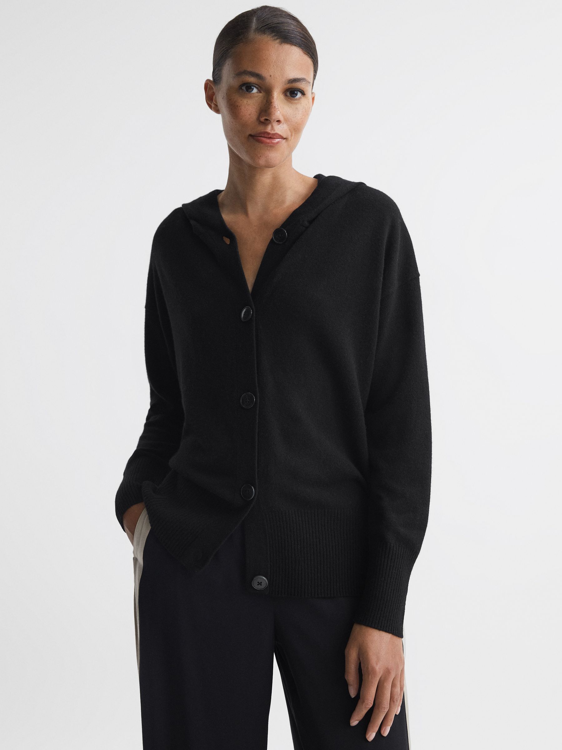 Wool Blend Hooded Cardigan in Black - Image 1 of 6 Wool Blend Hooded Cardigan in Black - Image 1 of 6