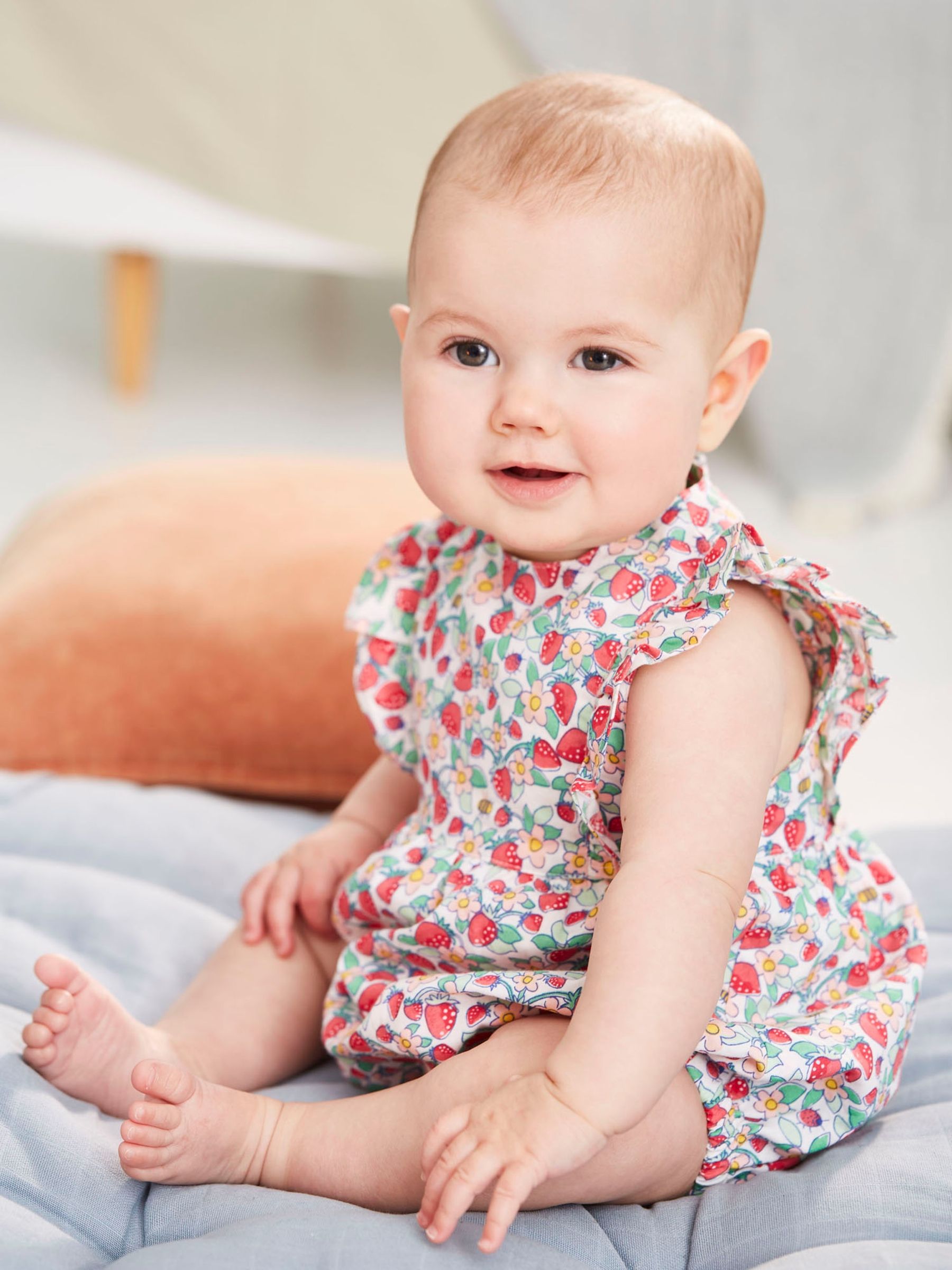 White Pretty Strawberry Print Bubble Baby Romper - Image 1 of 5