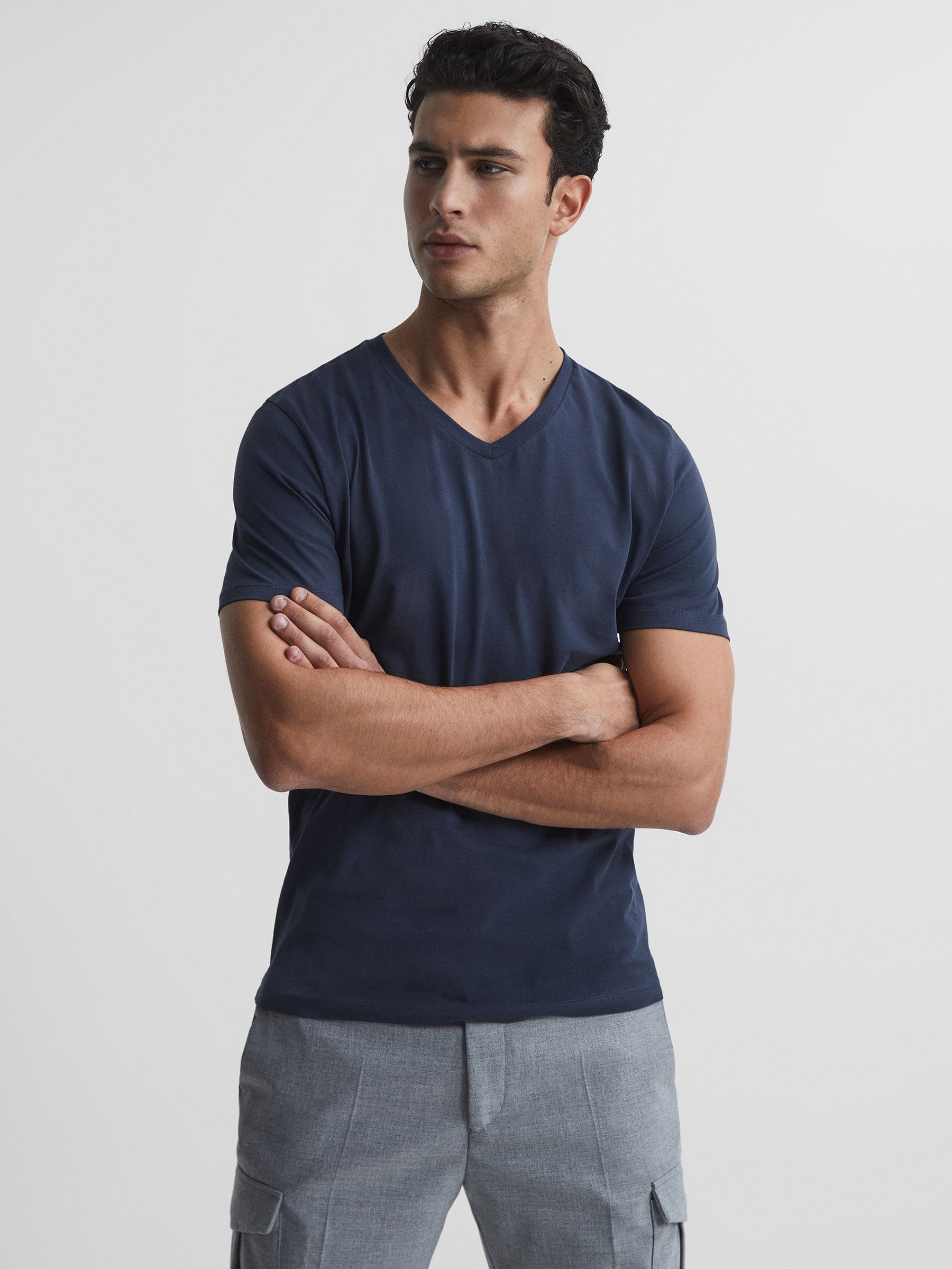 Cotton V-Neck T-Shirt in Airforce Blue Melange - Image 1 of 5