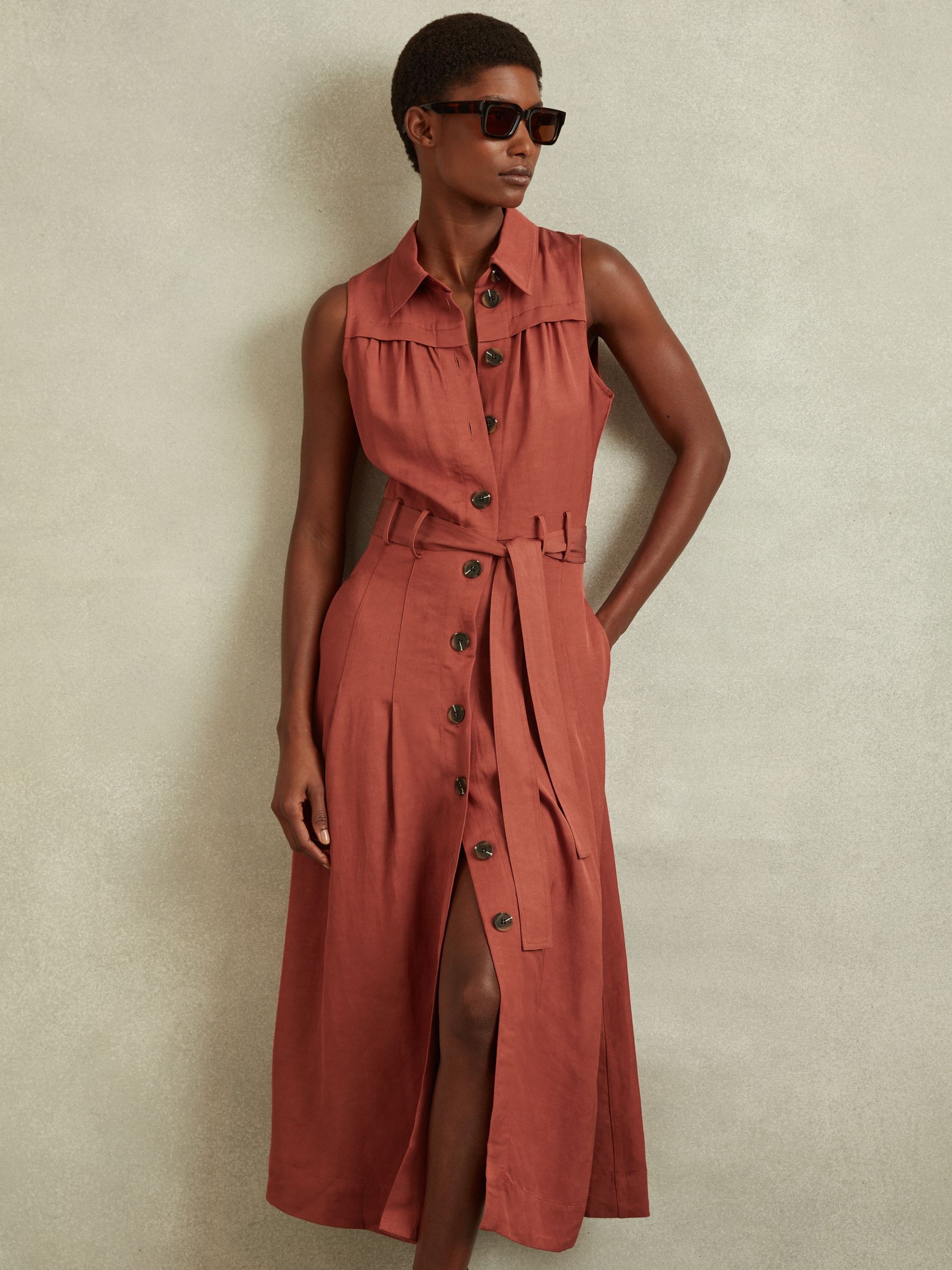 Reiss Heidi Rust Viscose-Linen Belted Midi Dress - REISS