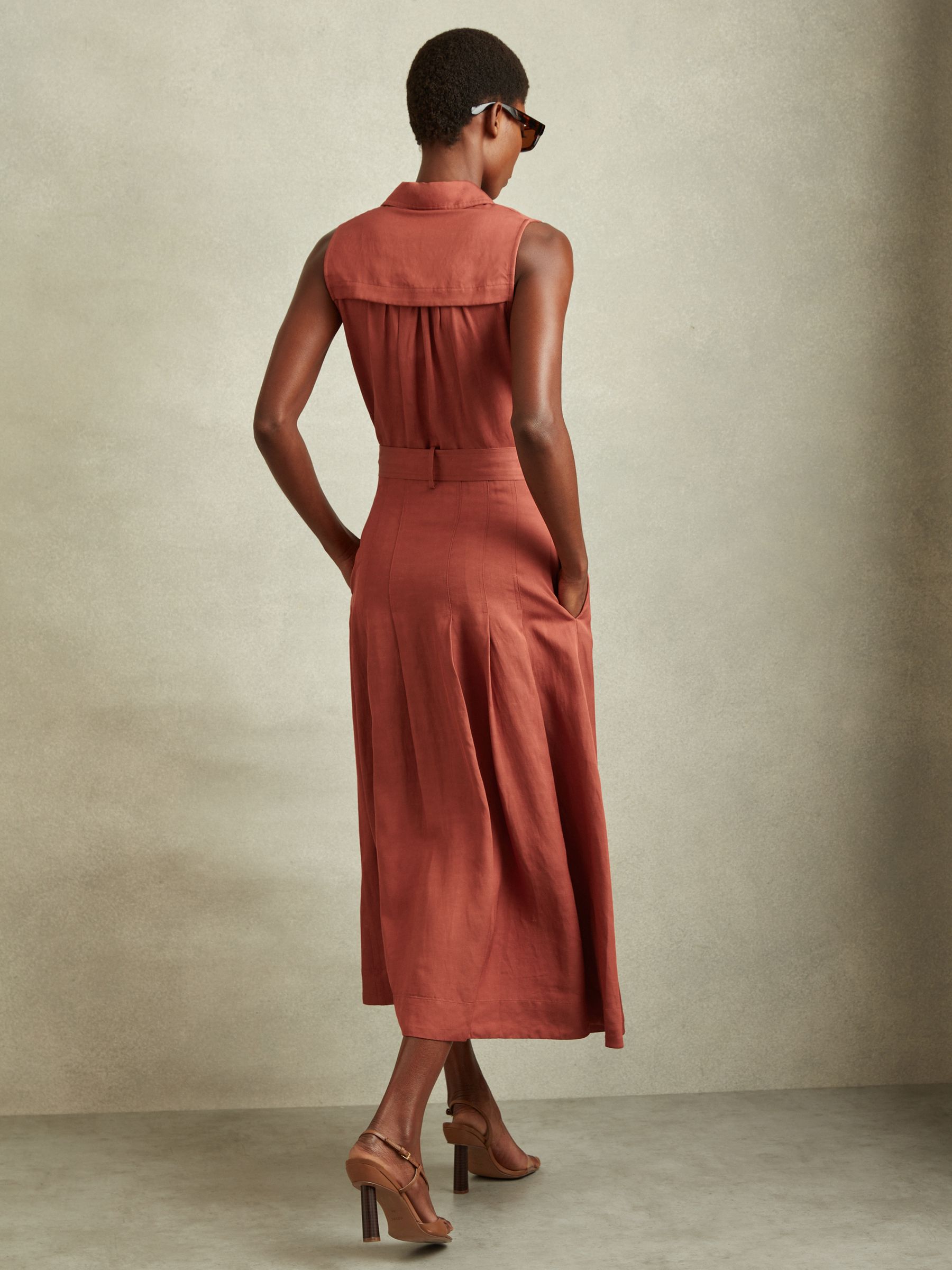 Reiss Heidi Rust Viscose-Linen Belted Midi Dress - REISS