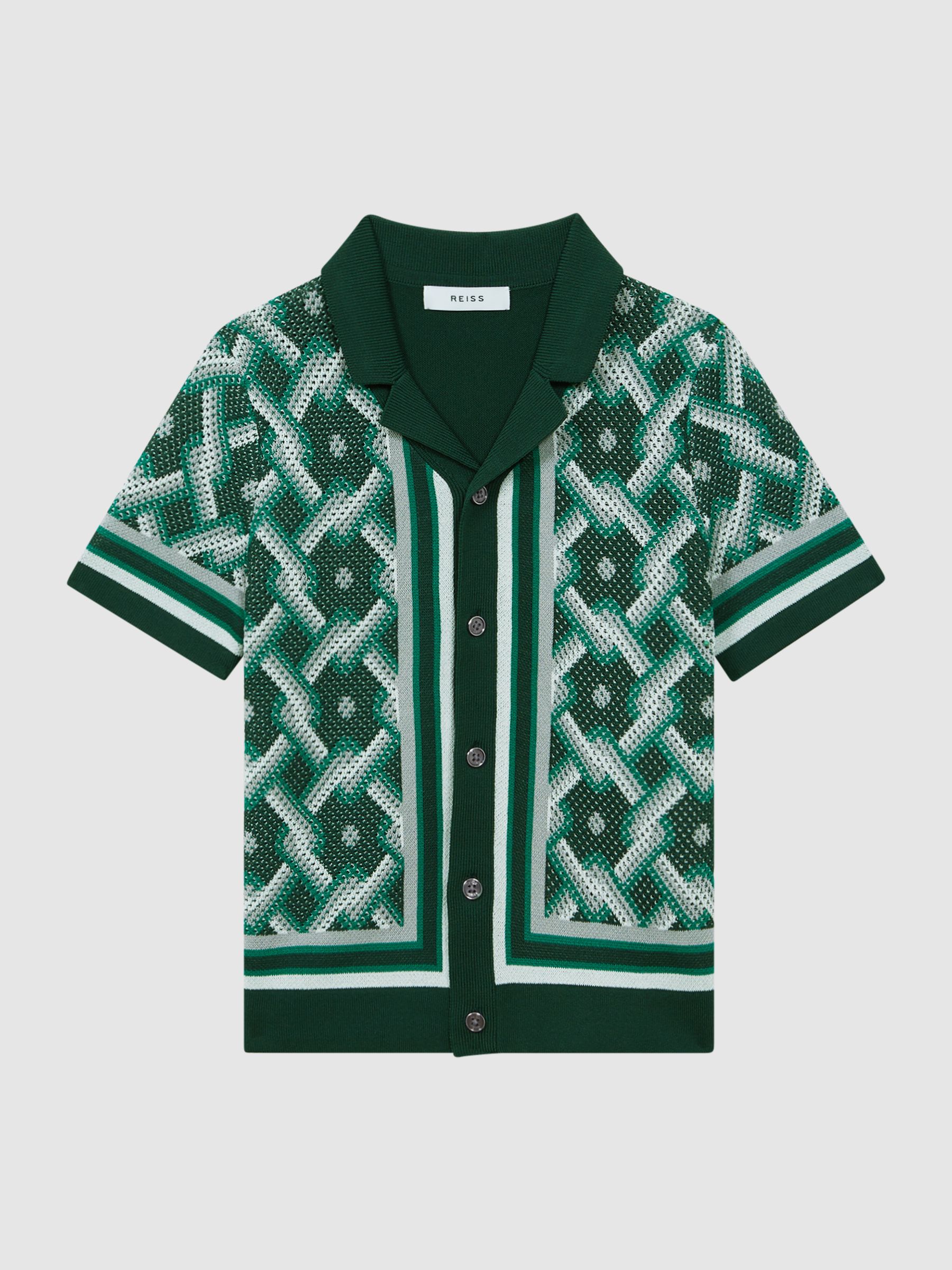 Senior Knitted Cuban Collar Button-Through Shirt in Green Multi - Image 2 of 6