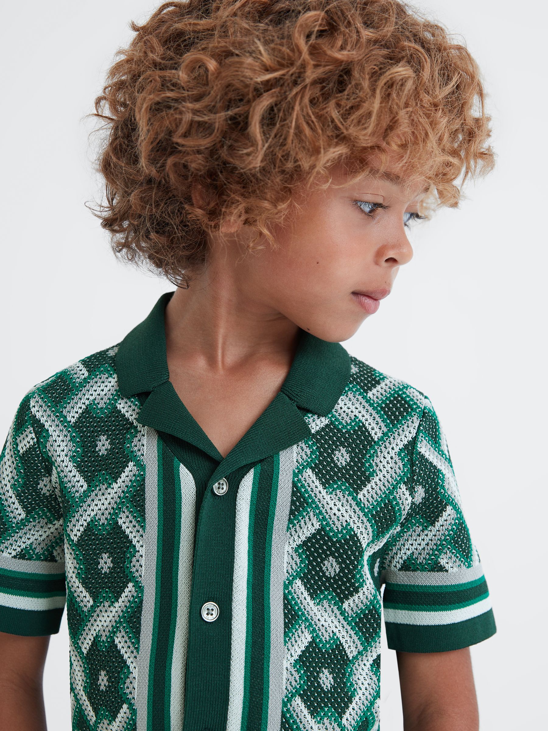 Senior Knitted Cuban Collar Button-Through Shirt in Green Multi - Image 4 of 6
