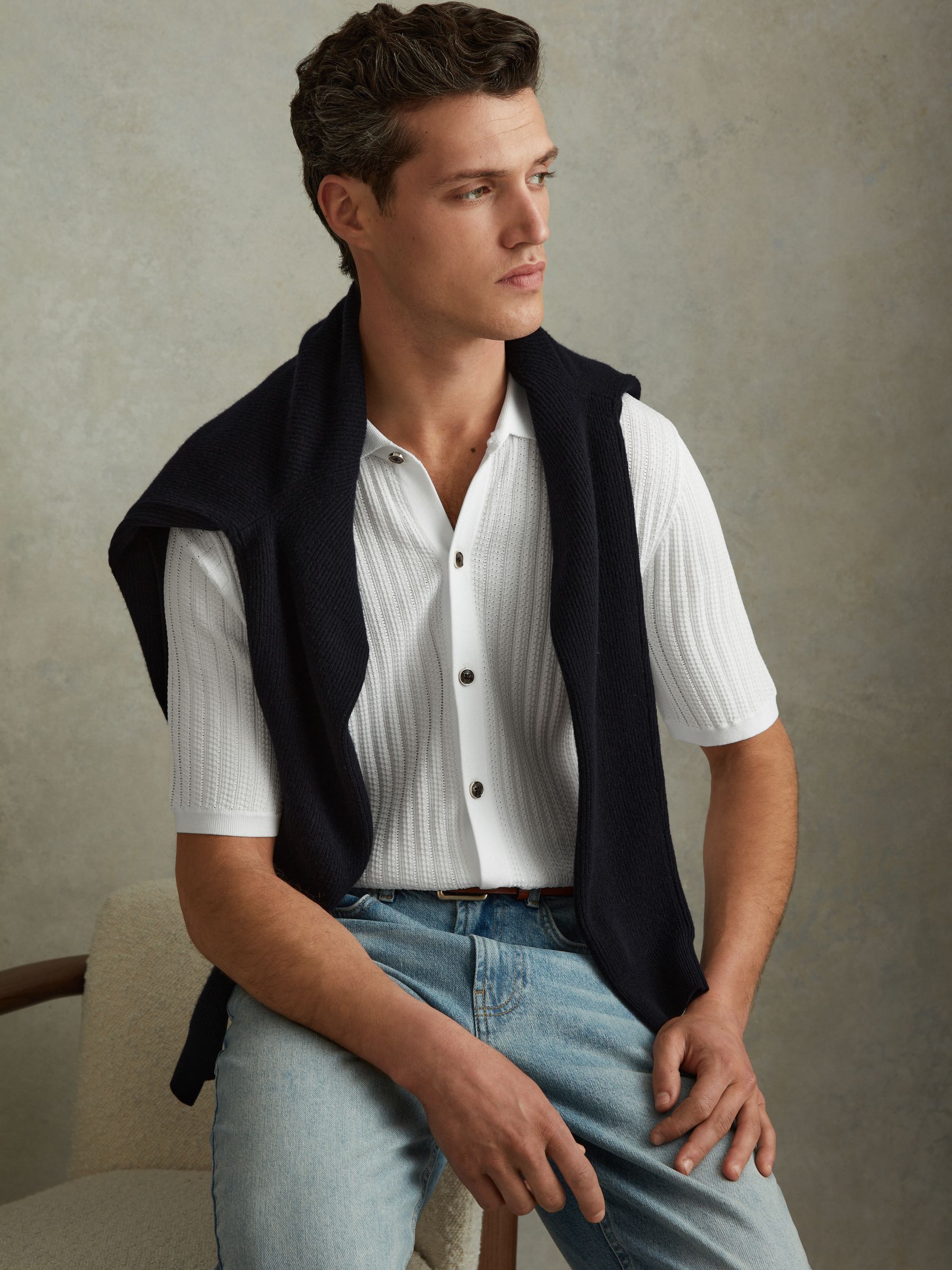 Textured Knitted Shirt in Optic White - Image 1 of 6