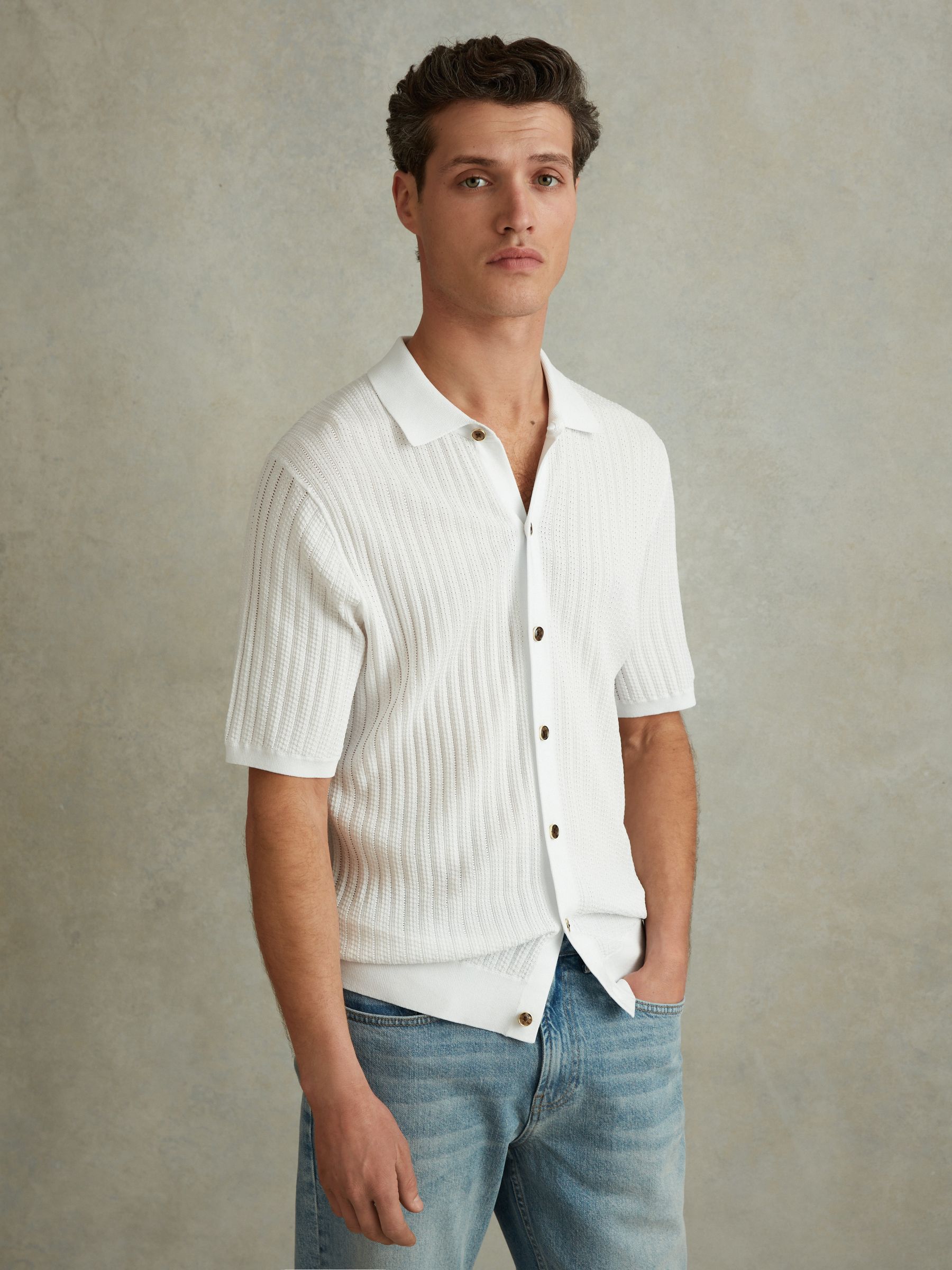 Textured Knitted Shirt in Optic White - Image 4 of 6