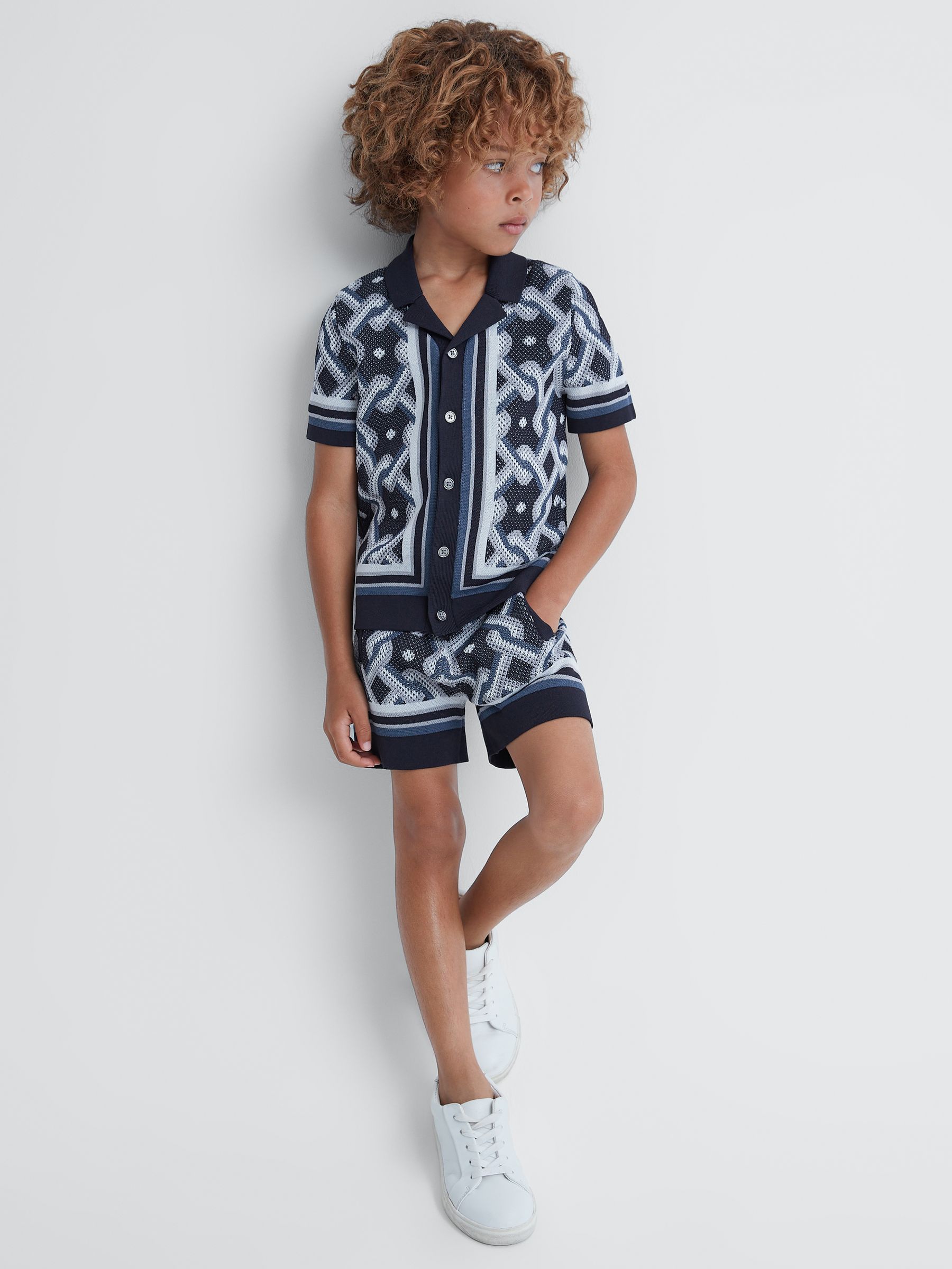 9-13 yrs Knitted Cuban Collar Button-Through Shirt in Navy Multi - Image 1 of 6