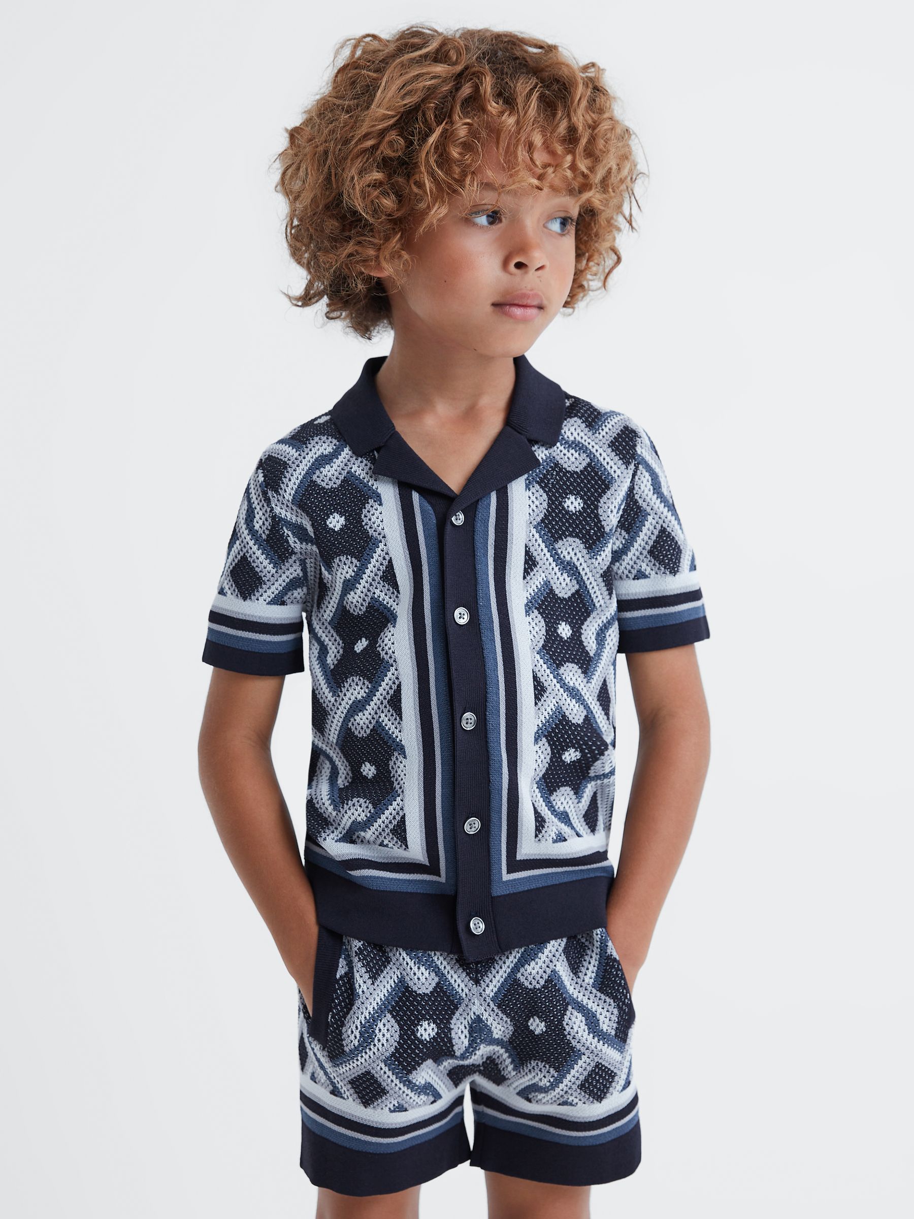 9-13 yrs Knitted Cuban Collar Button-Through Shirt in Navy Multi - Image 3 of 6