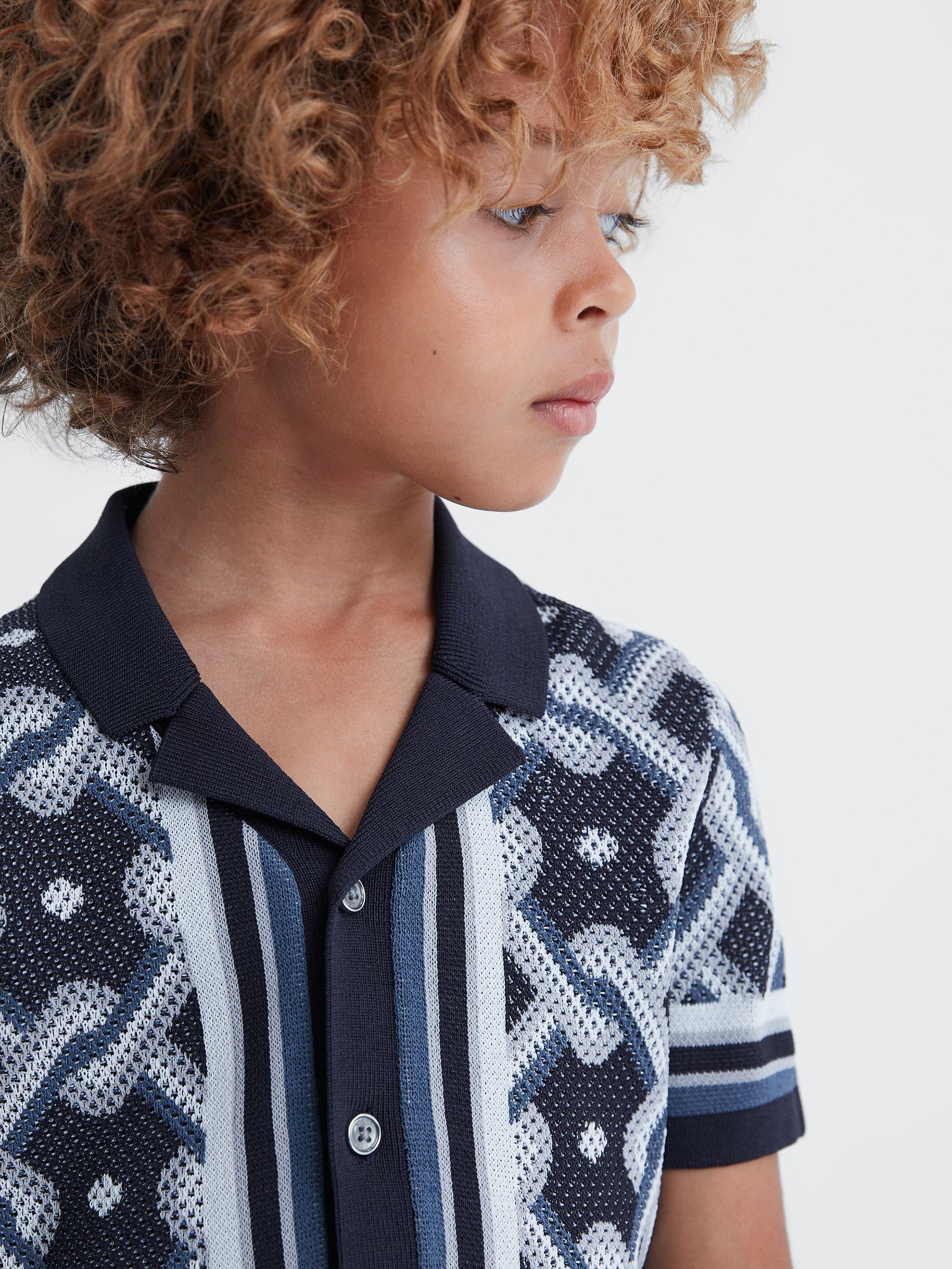 9-13 yrs Knitted Cuban Collar Button-Through Shirt in Navy Multi - Image 4 of 6
