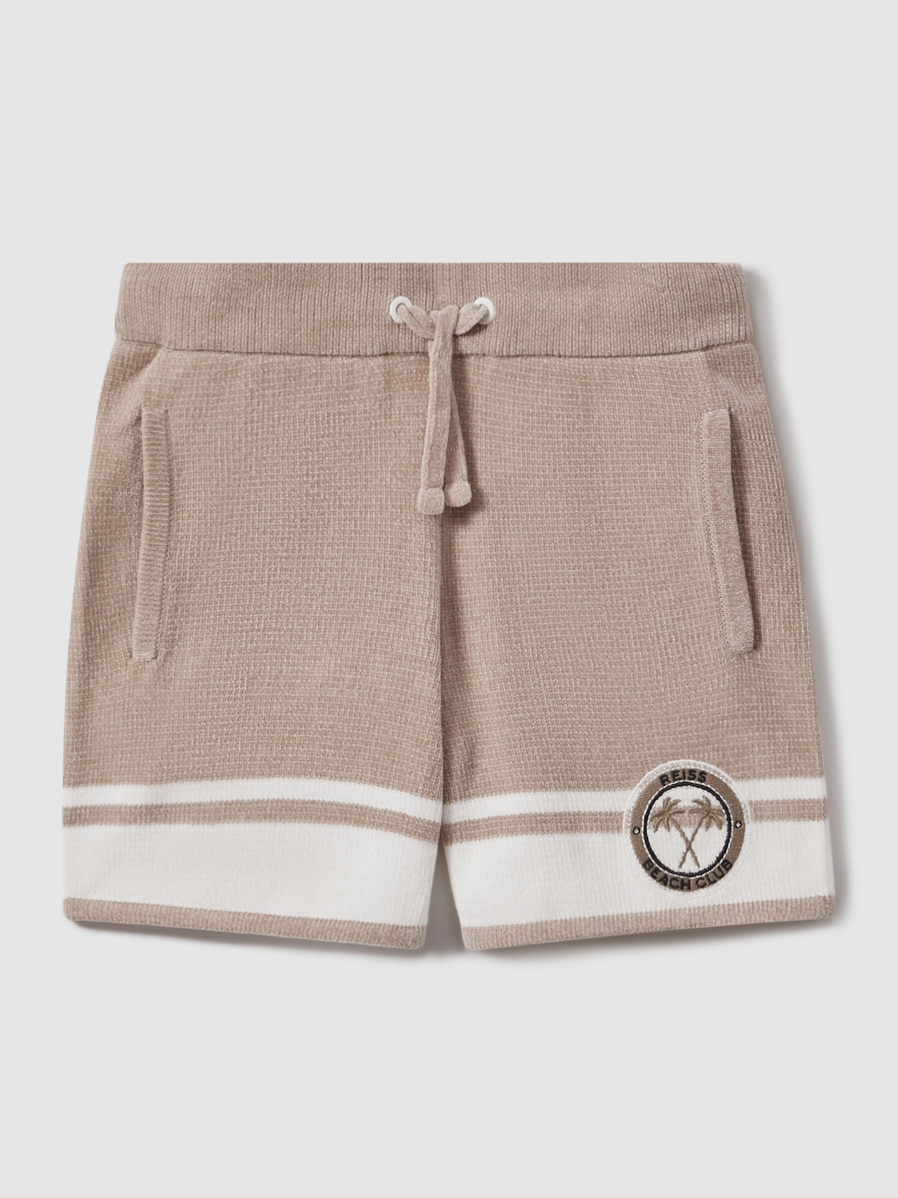 Senior Velour Drawstring Shorts in Taupe/Optic White - Image 2 of 4