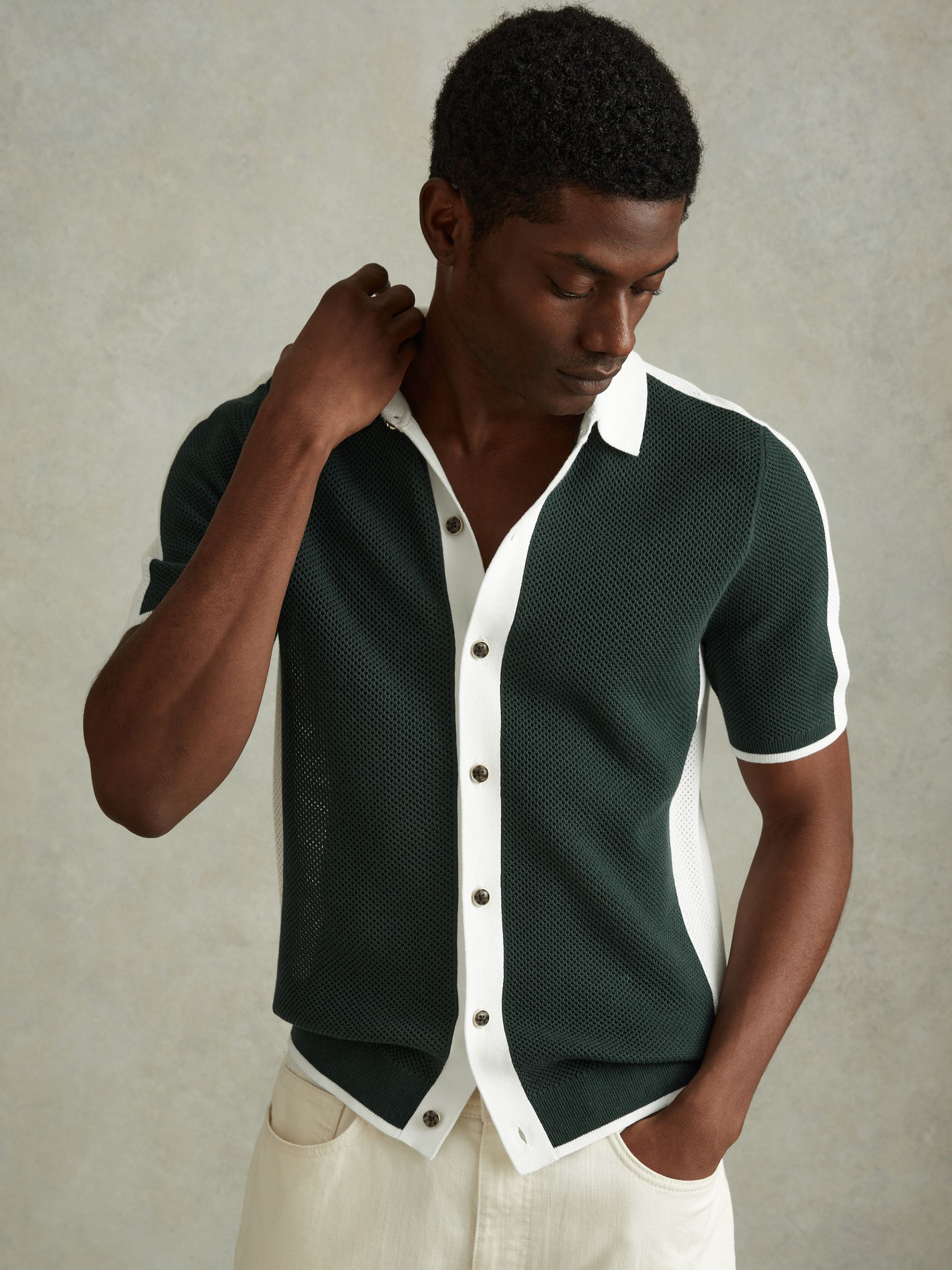 Cotton Blend Open Stitch Shirt in Green/Optic White - Image 1 of 6 Cotton Blend Open Stitch Shirt in Green/Optic White - Image 1 of 6