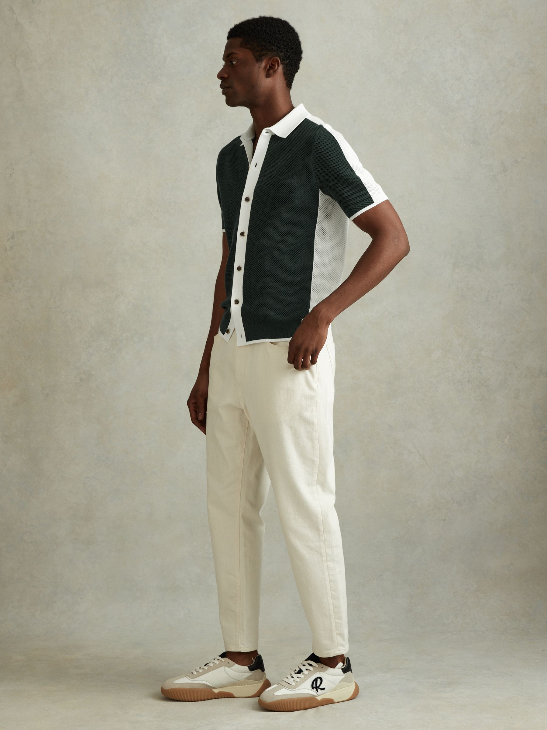 Cotton Blend Open Stitch Shirt in Green/Optic White - Image 3 of 6