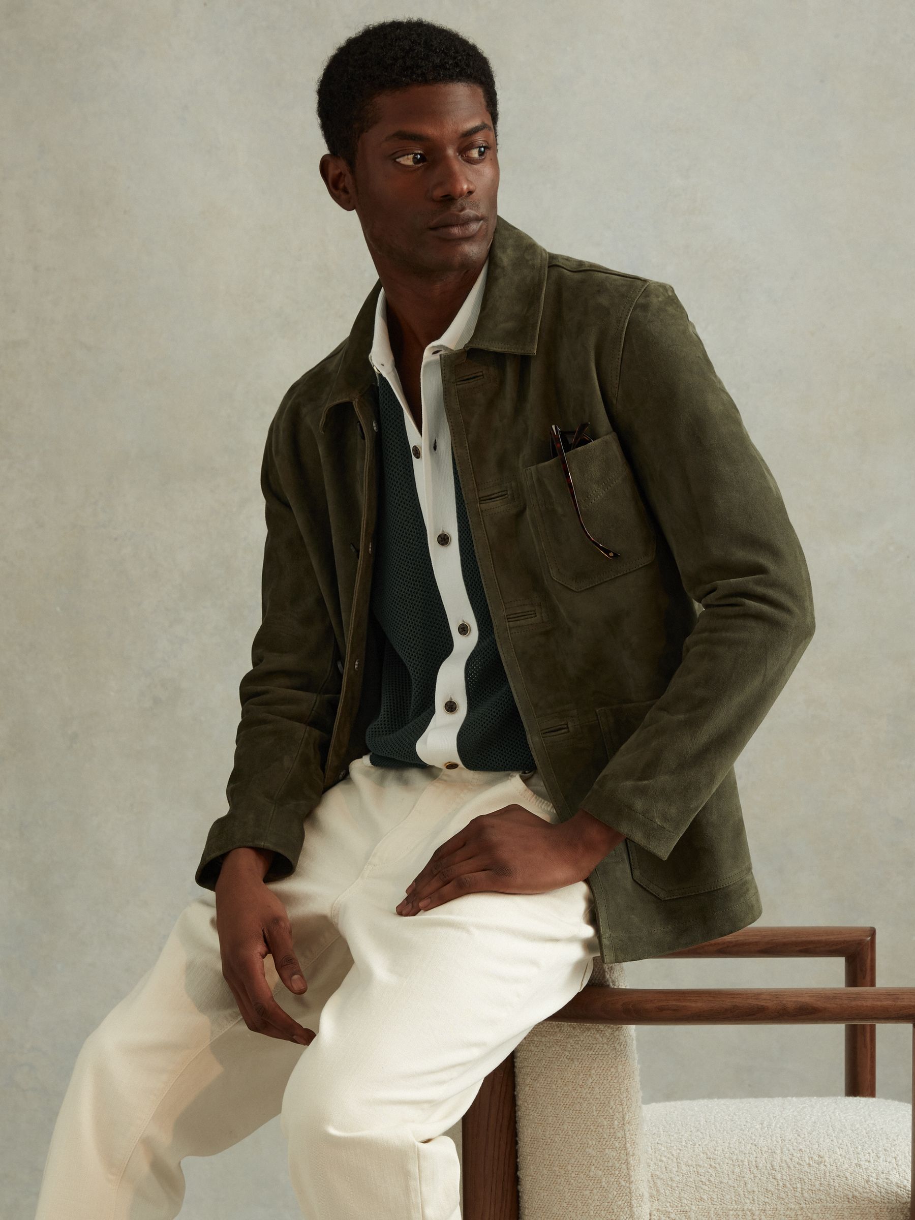 Cotton Blend Open Stitch Shirt in Green/Optic White - Image 4 of 6