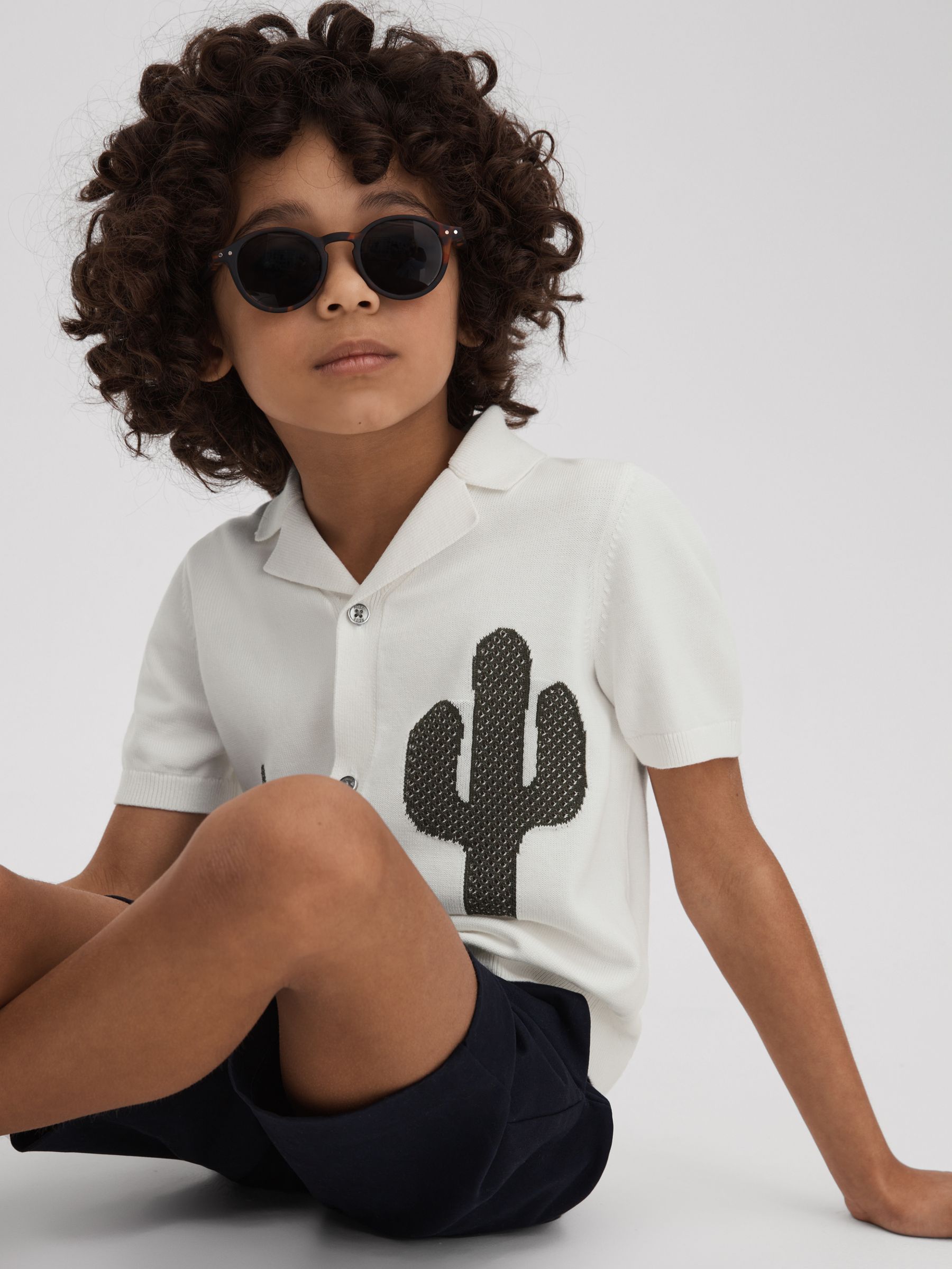 9-13 yrs Knitted Cactus Cuban Collar Shirt in Ecru/Green - Image 1 of 4