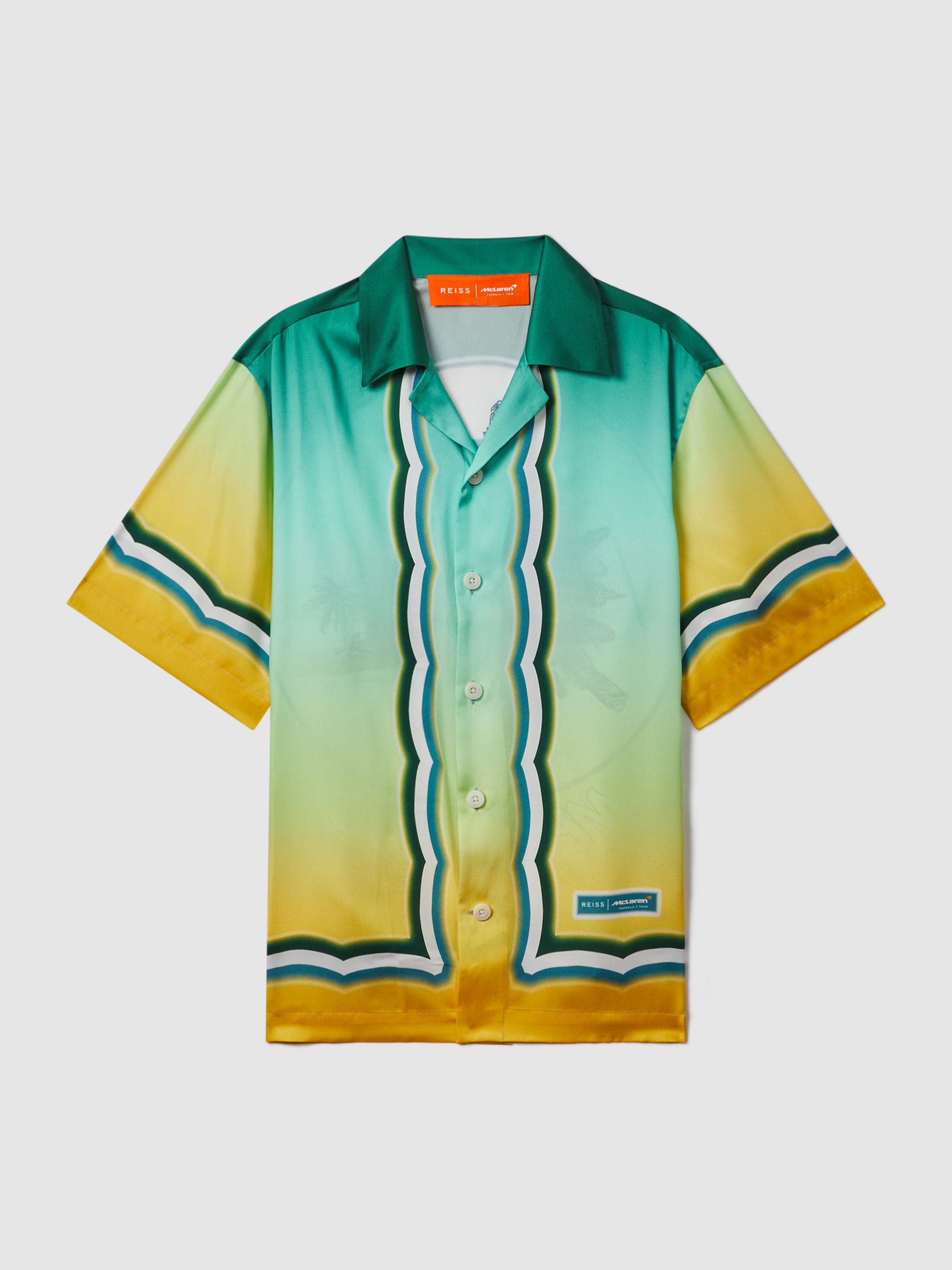 McLaren F1 Ombre Print Cuban Collar Shirt in Green Multi - Image 2 of 9