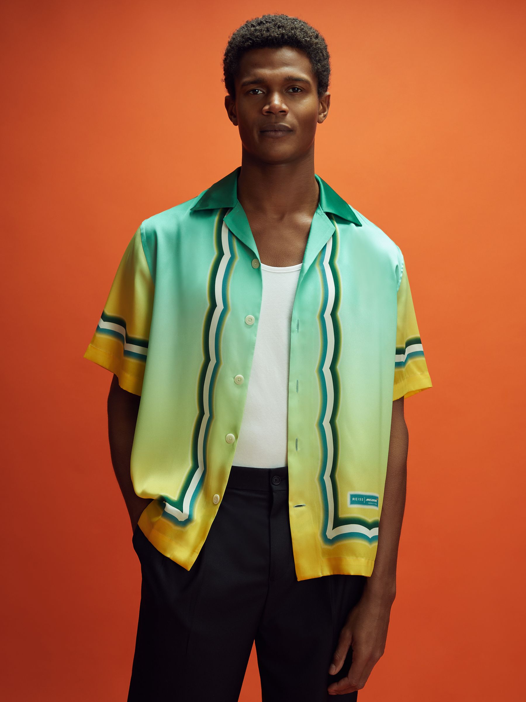 McLaren F1 Ombre Print Cuban Collar Shirt in Green Multi - Image 7 of 9