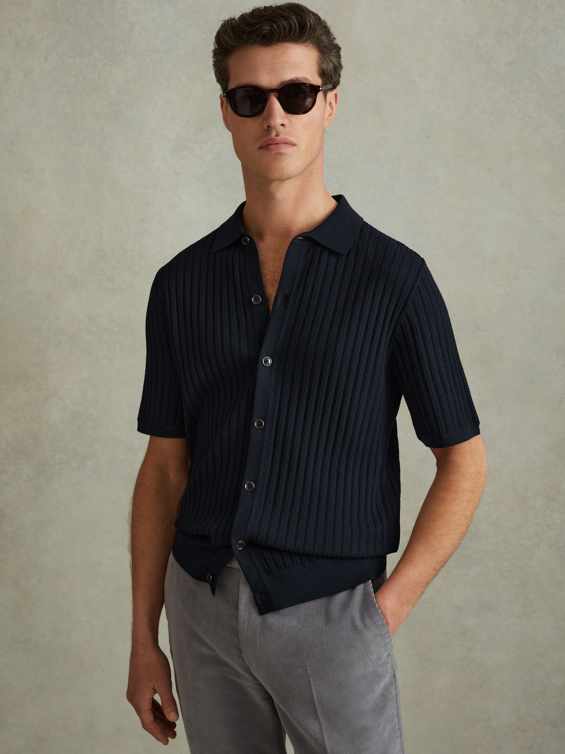 Textured Knitted Shirt in Navy - Image 3 of 6