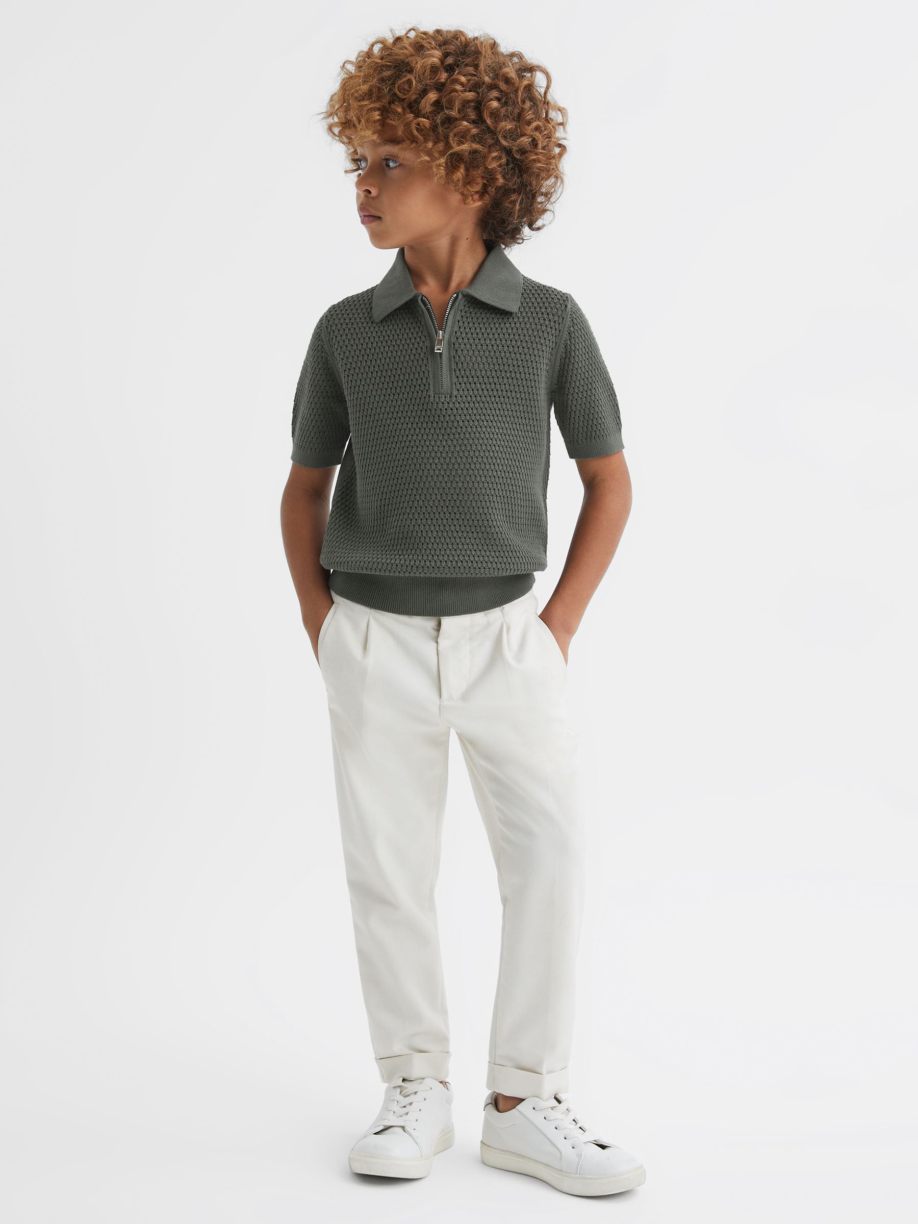 3-9 yrs Textured Half-Zip Polo T-Shirt in Dark Sage - Image 1 of 6