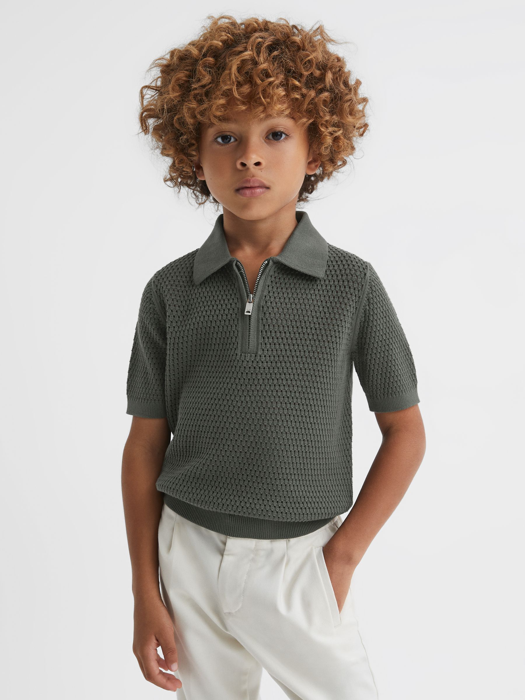 3-9 yrs Textured Half-Zip Polo T-Shirt in Dark Sage - Image 3 of 6