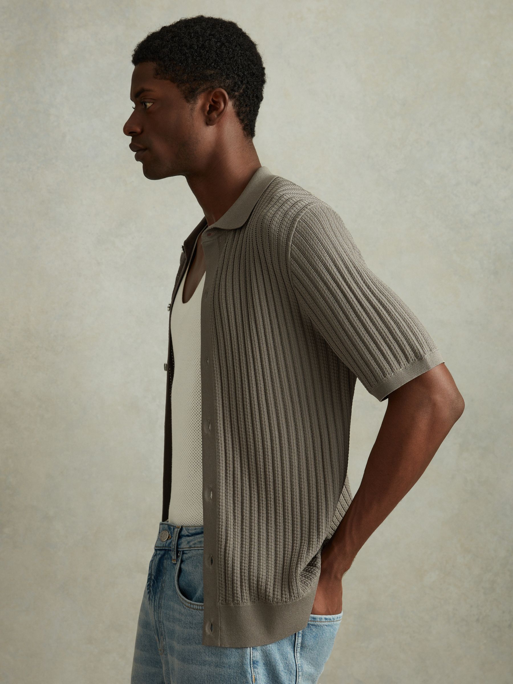 Textured Knitted Shirt in Sage - Image 3 of 5