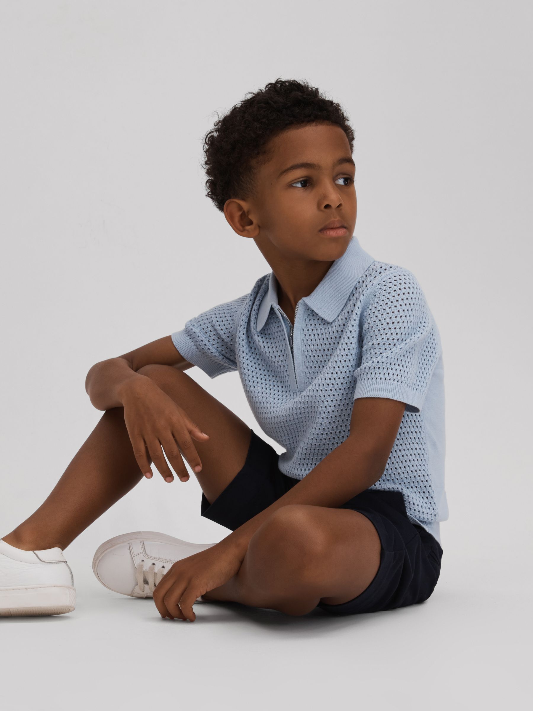 Senior Textured Half-Zip Polo T-Shirt in Soft Blue - Image 1 of 4