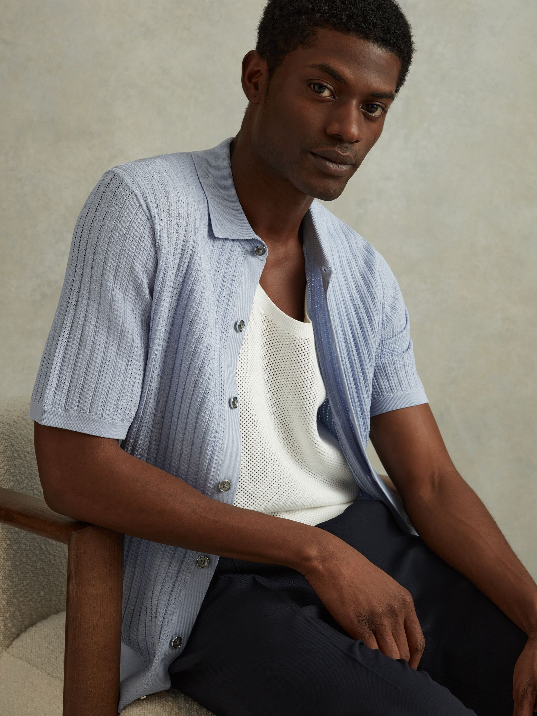 Textured Knitted Shirt in Soft Blue - Image 1 of 6