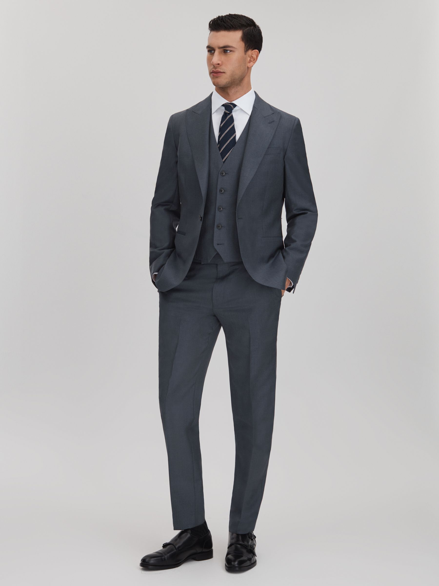 Slim Fit Wool Side Adjuster Trousers in Airforce Blue - Image 3 of 6