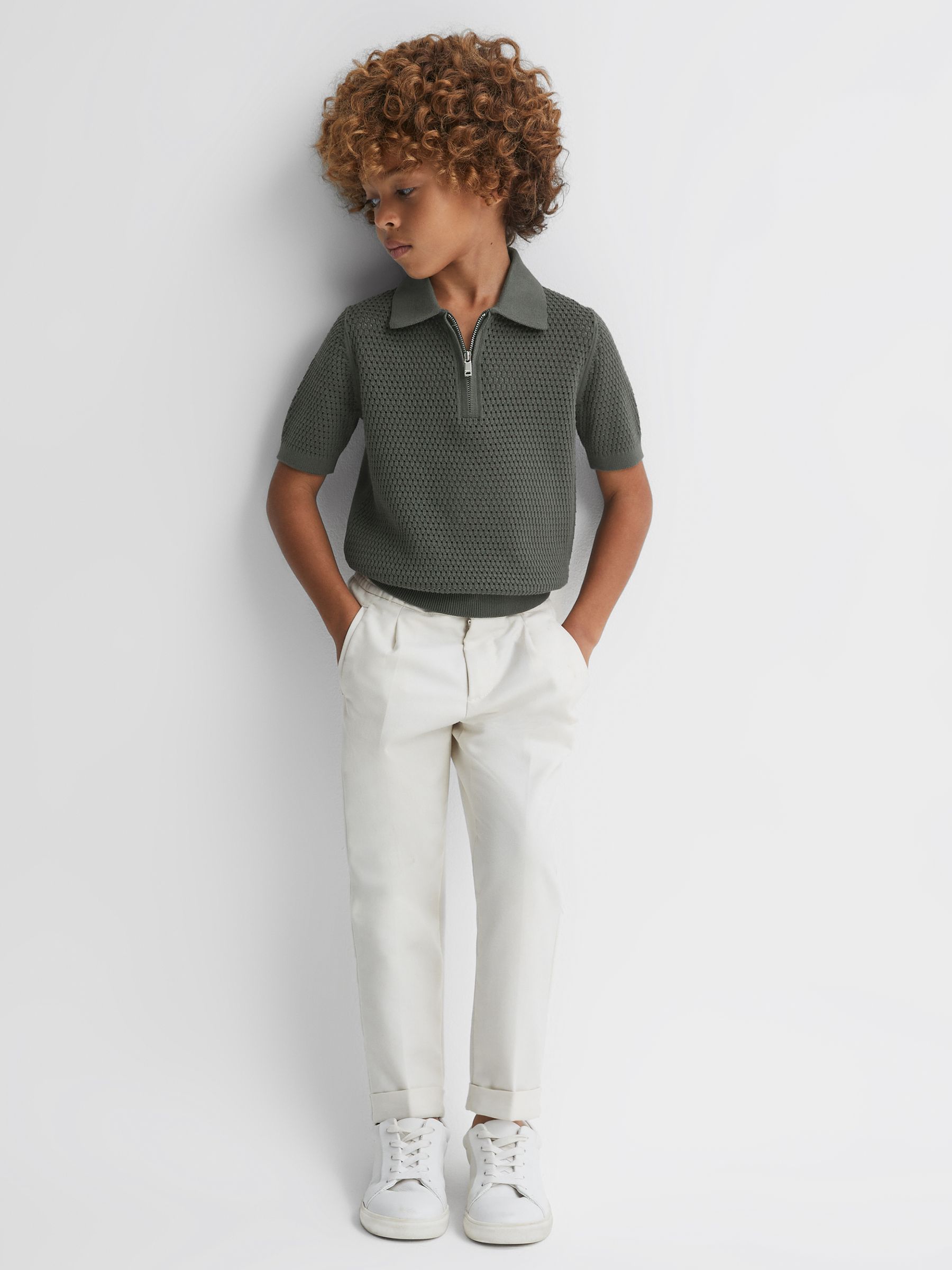 Senior Textured Half-Zip Polo T-Shirt in Dark Sage - Image 1 of 6