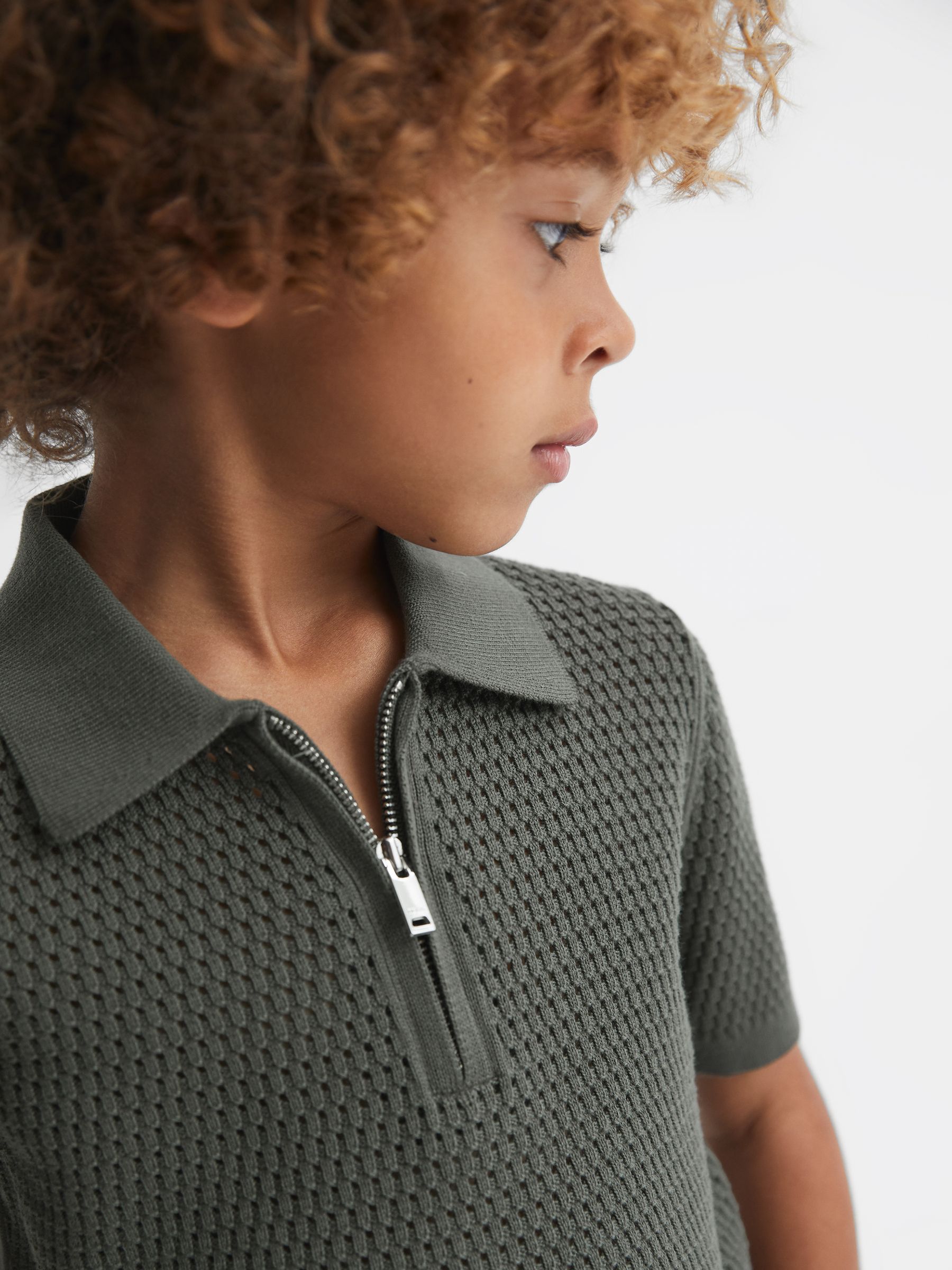 Senior Textured Half-Zip Polo T-Shirt in Dark Sage - Image 4 of 6