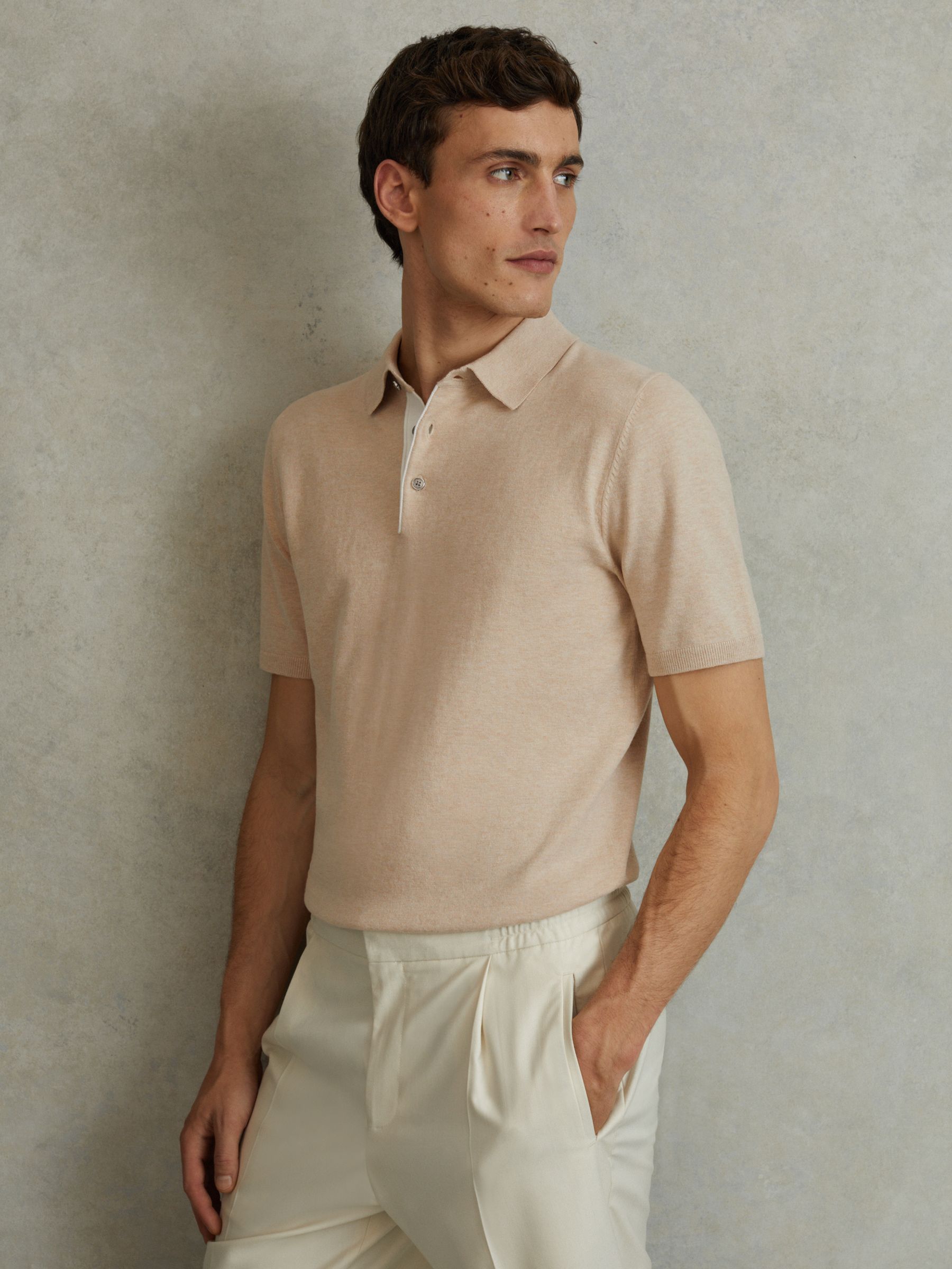 Cotton Blend Contrast Polo Shirt in Camel - Image 1 of 5