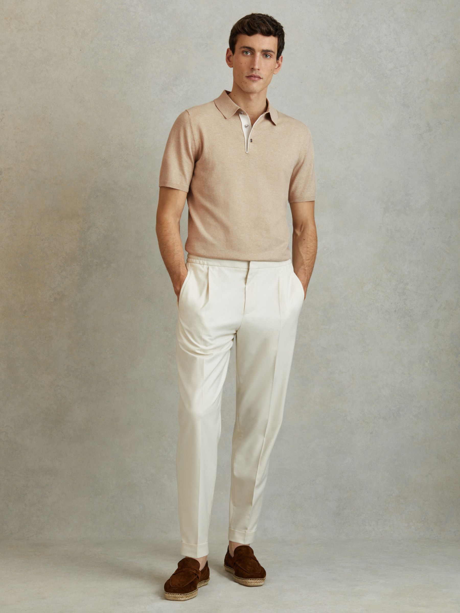 Cotton Blend Contrast Polo Shirt in Camel - Image 3 of 5