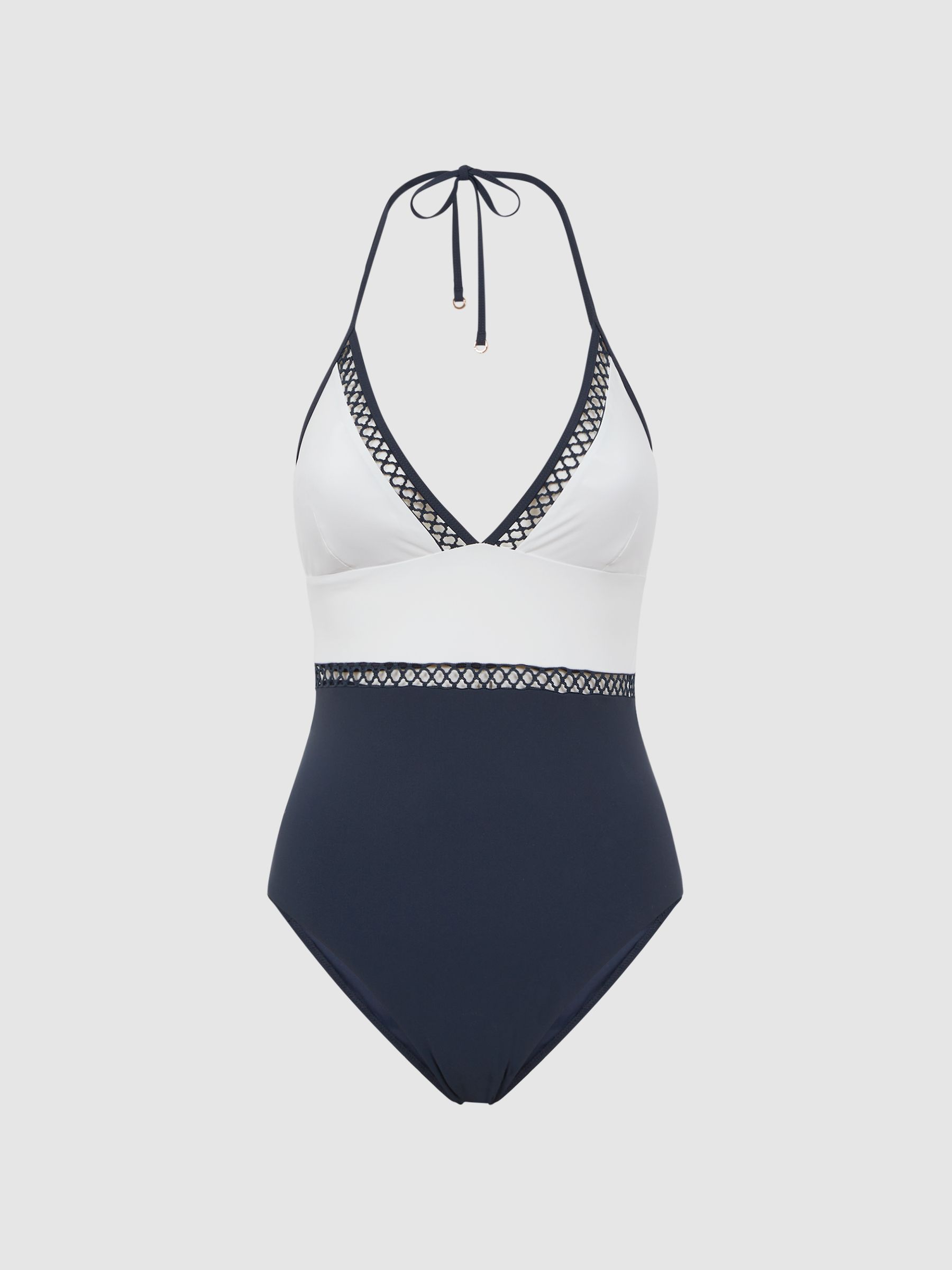 Colourblock Halter Swimsuit in Navy - Image 2 of 4