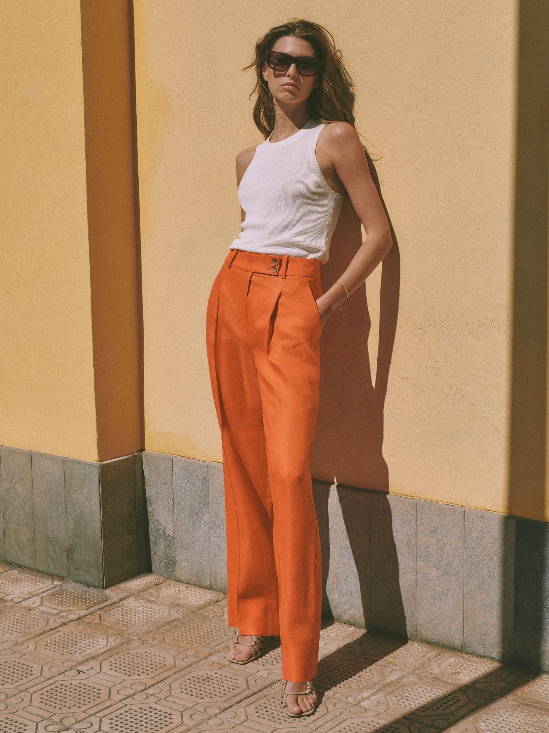 Wide Leg Linen Trousers in Orange - Image 3 of 7