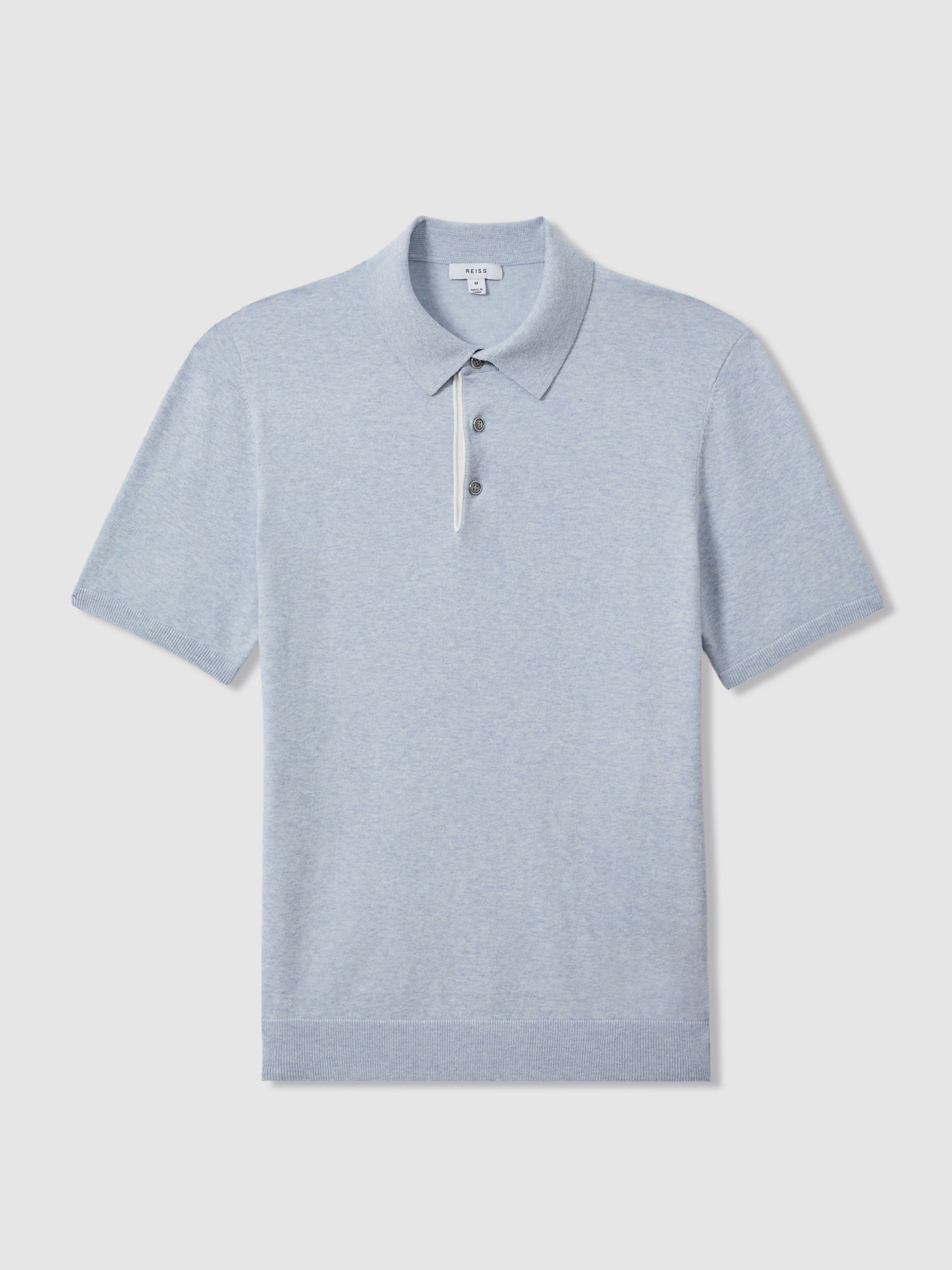 Cotton Blend Contrast Polo Shirt in Soft Blue Melange - Image 2 of 6