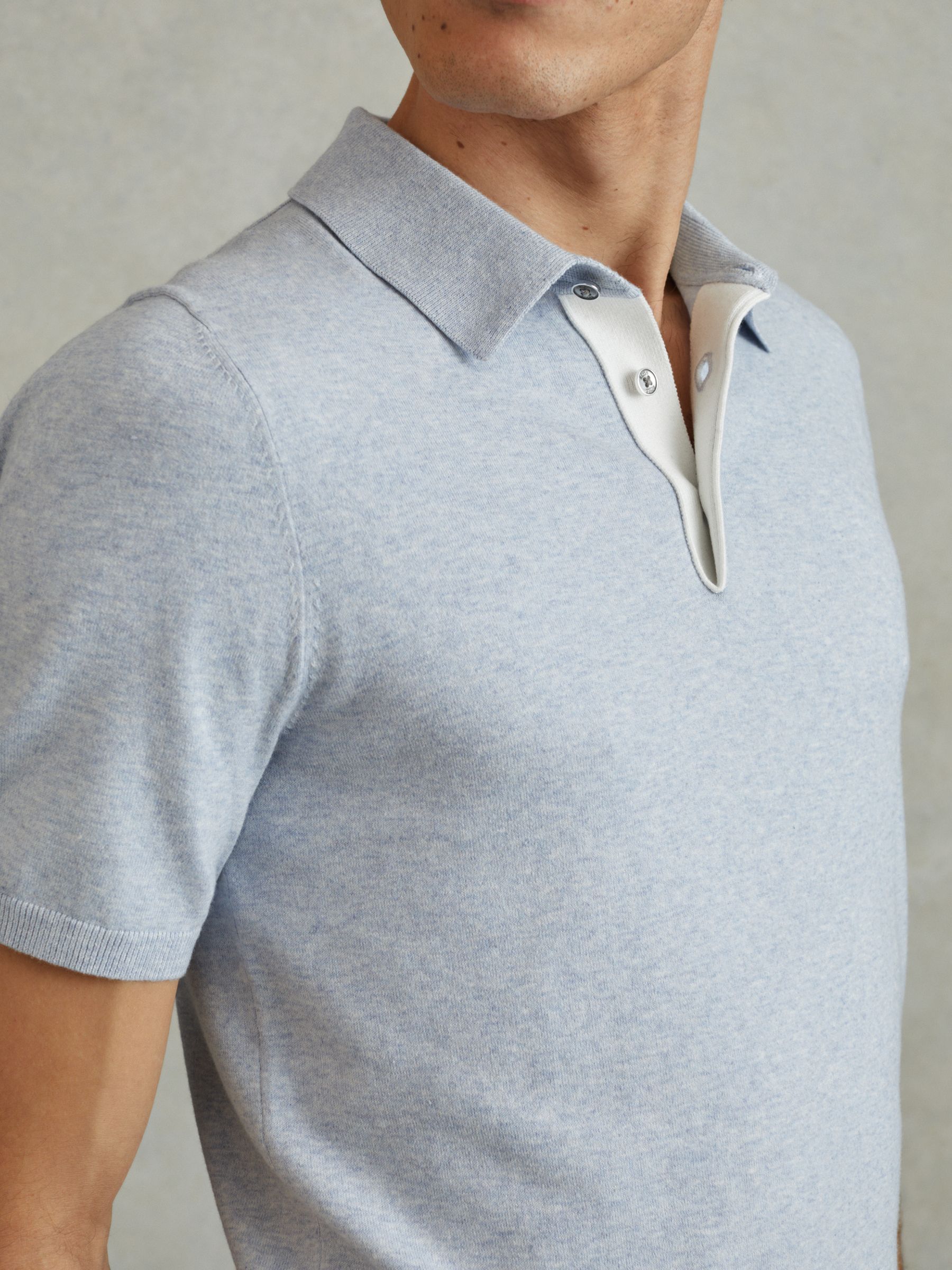 Cotton Blend Contrast Polo Shirt in Soft Blue Melange - Image 3 of 6