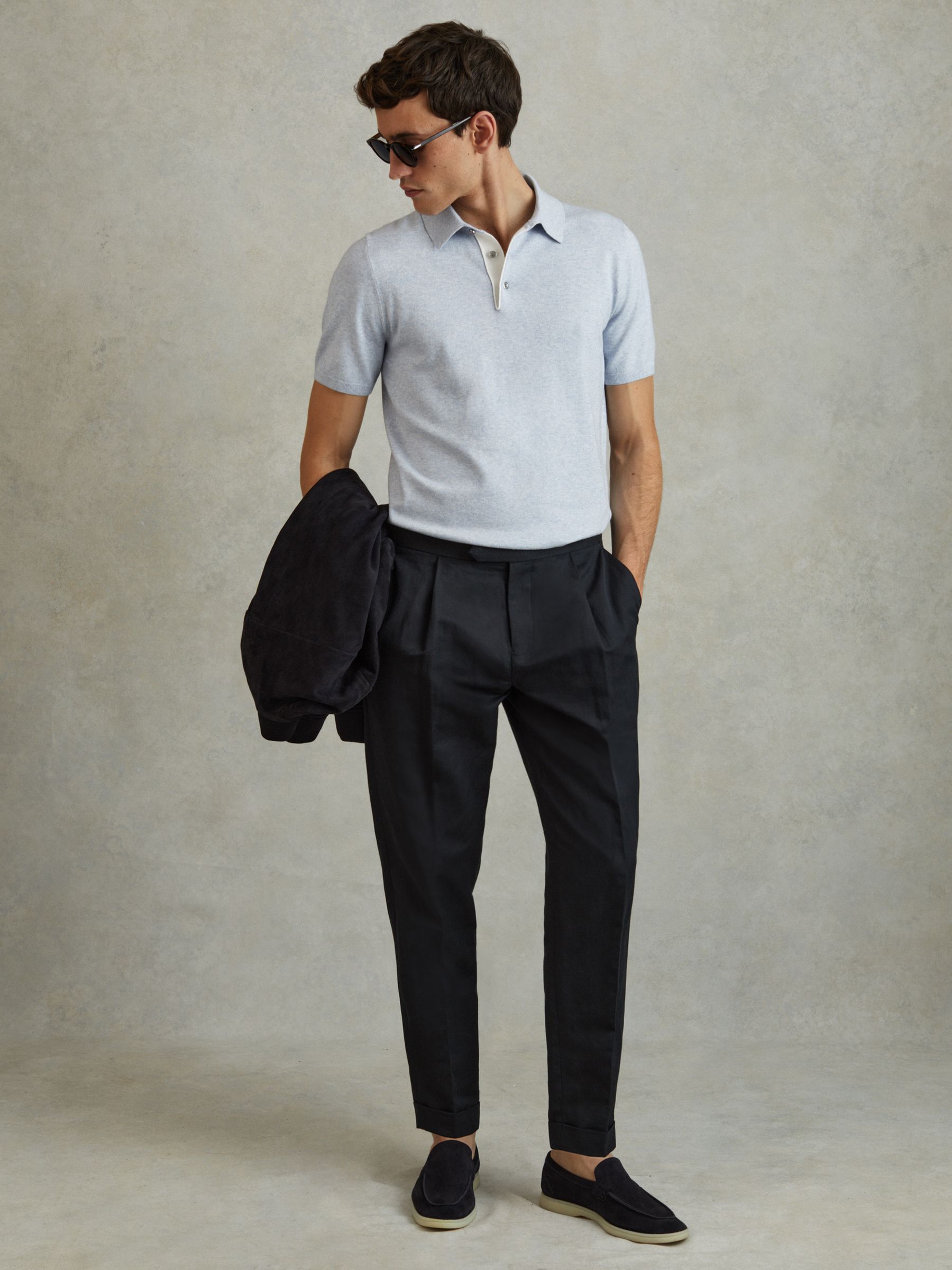 Cotton Blend Contrast Polo Shirt in Soft Blue Melange - Image 4 of 6