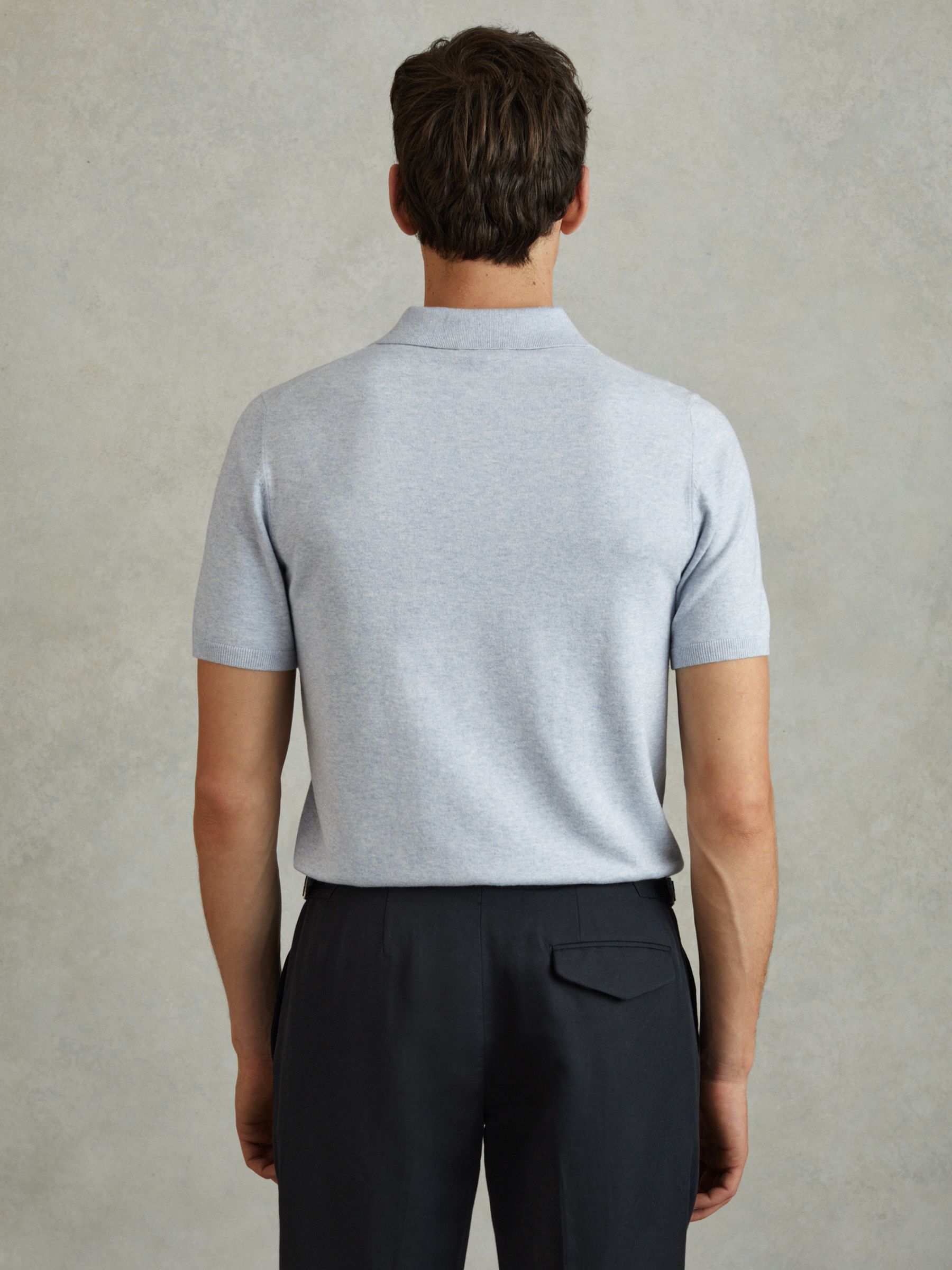 Cotton Blend Contrast Polo Shirt in Soft Blue Melange - Image 5 of 6