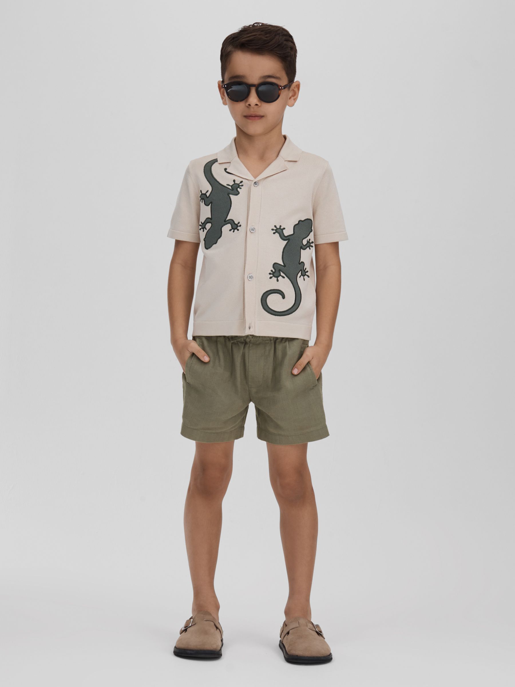 3-9 yrs Knitted Reptile Cuban Collar Shirt in Stone/Green - Image 1 of 4 3-9 yrs Knitted Reptile Cuban Collar Shirt in Stone/Green - Image 1 of 4
