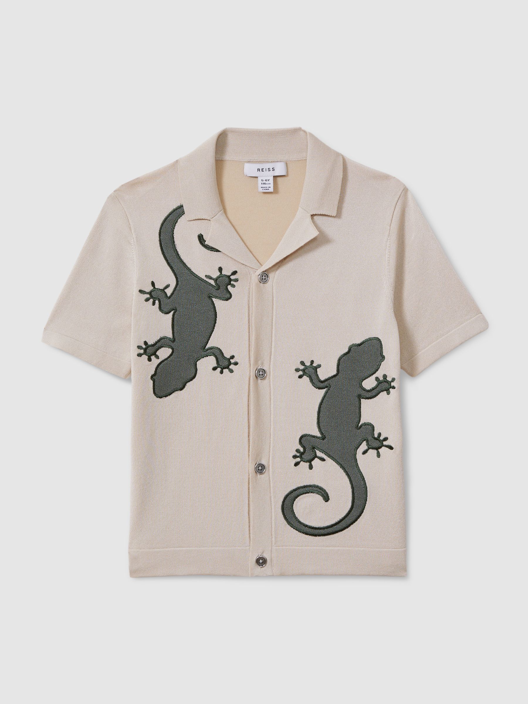 3-9 yrs Knitted Reptile Cuban Collar Shirt in Stone/Green - Image 2 of 4