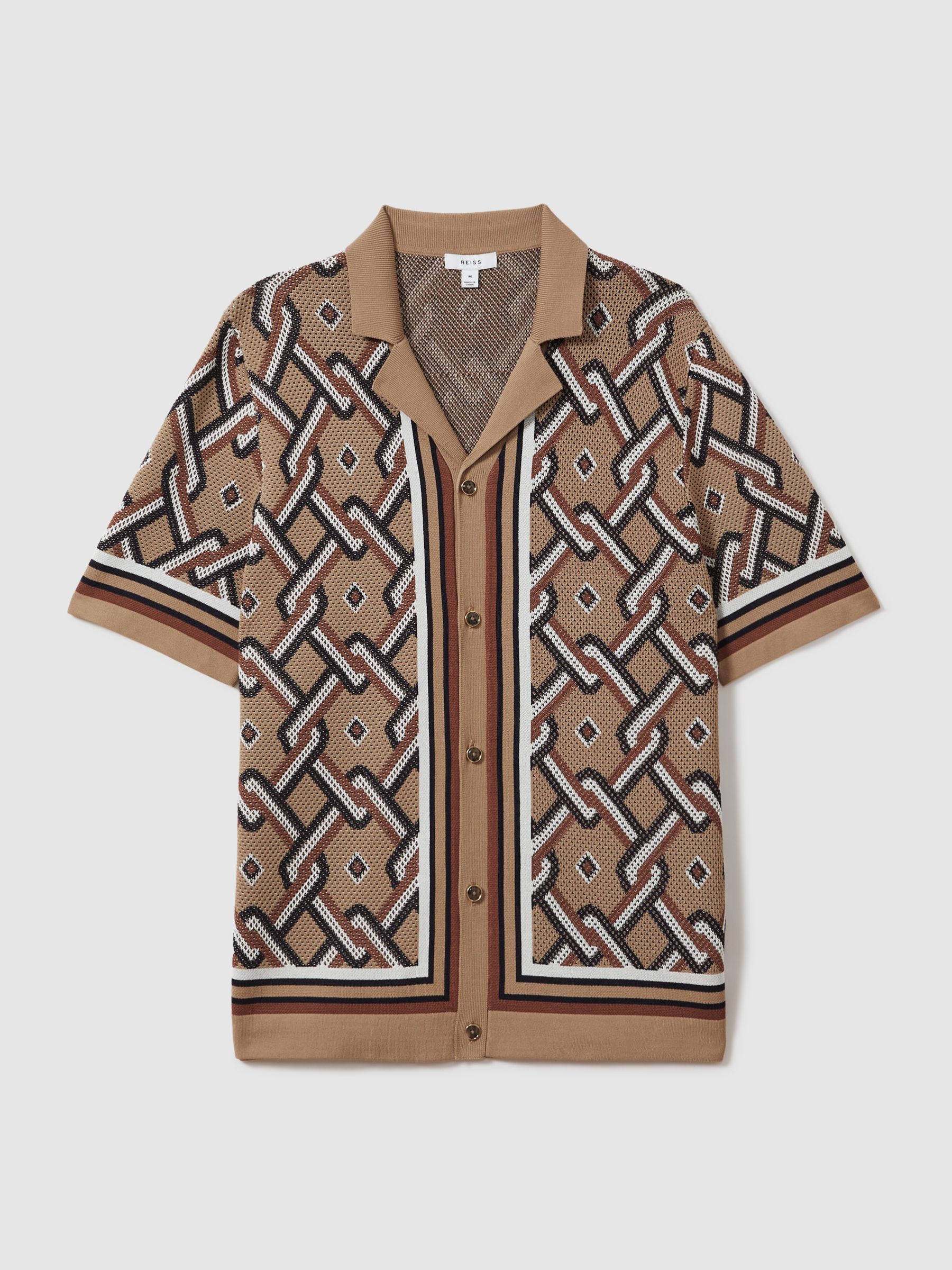 Knitted Cuban Collar Shirt in Camel Multi - Image 2 of 6