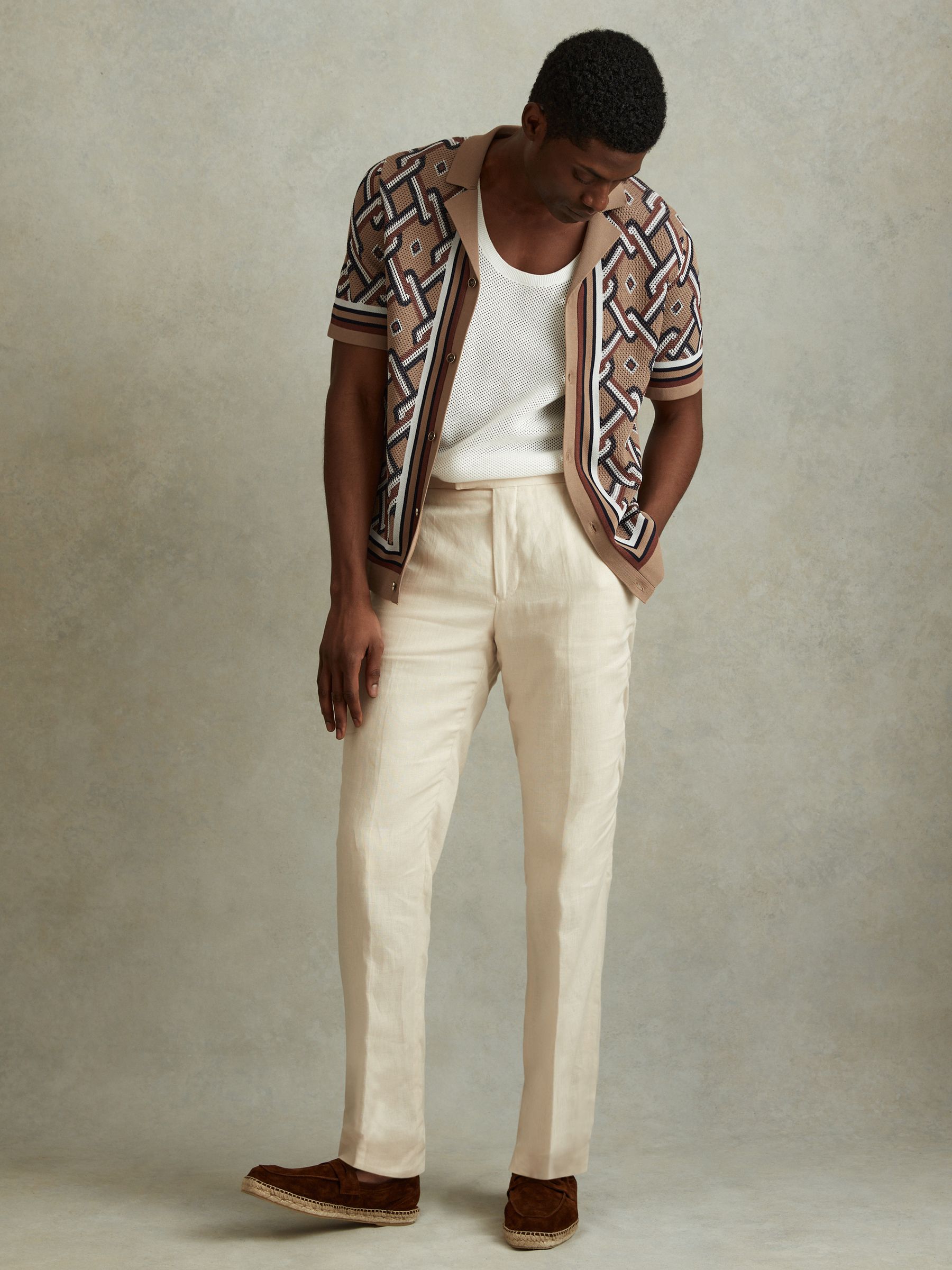 Knitted Cuban Collar Shirt in Camel Multi - Image 3 of 6