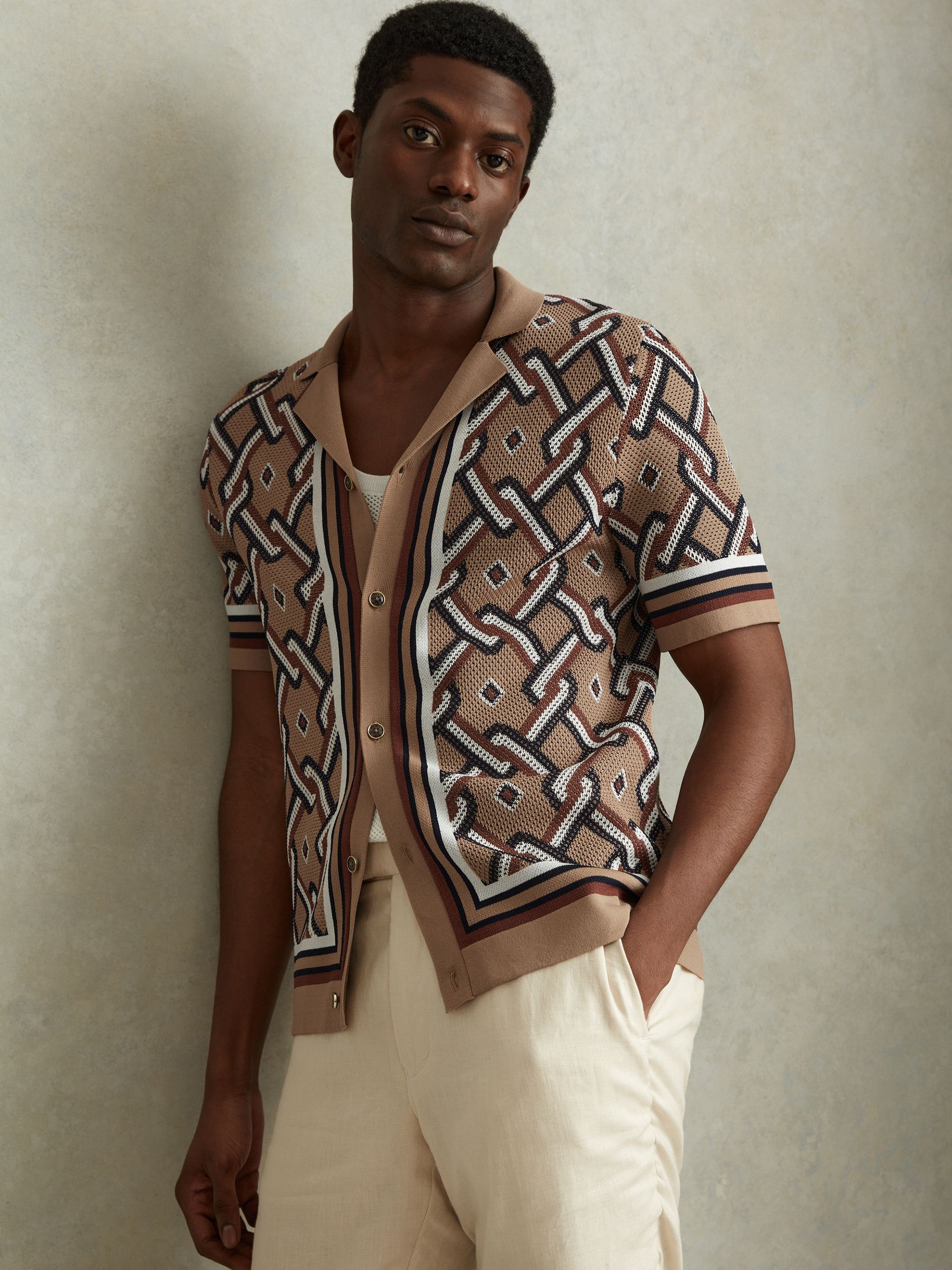 Knitted Cuban Collar Shirt in Camel Multi - Image 4 of 6