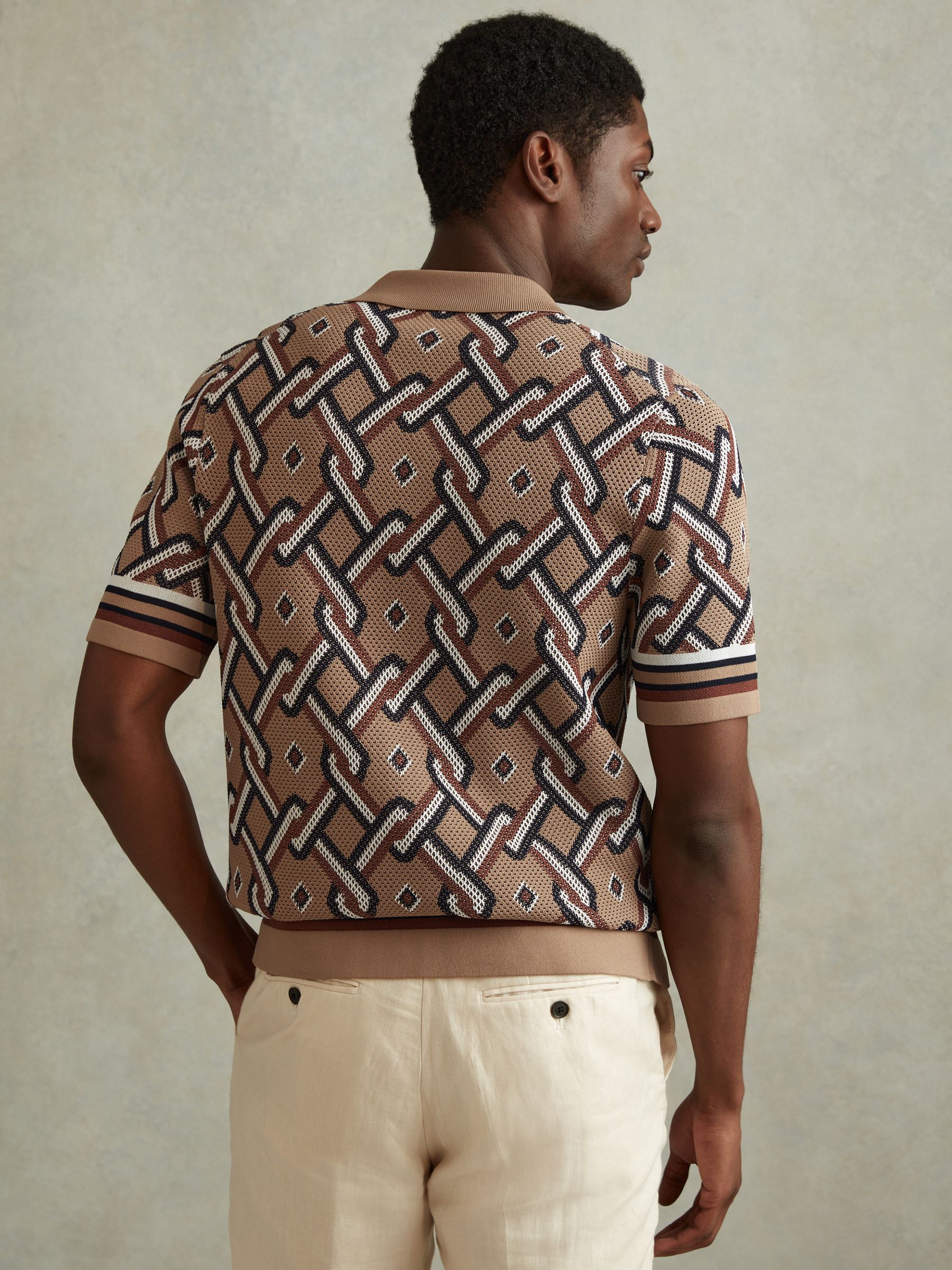 Knitted Cuban Collar Shirt in Camel Multi - Image 5 of 6