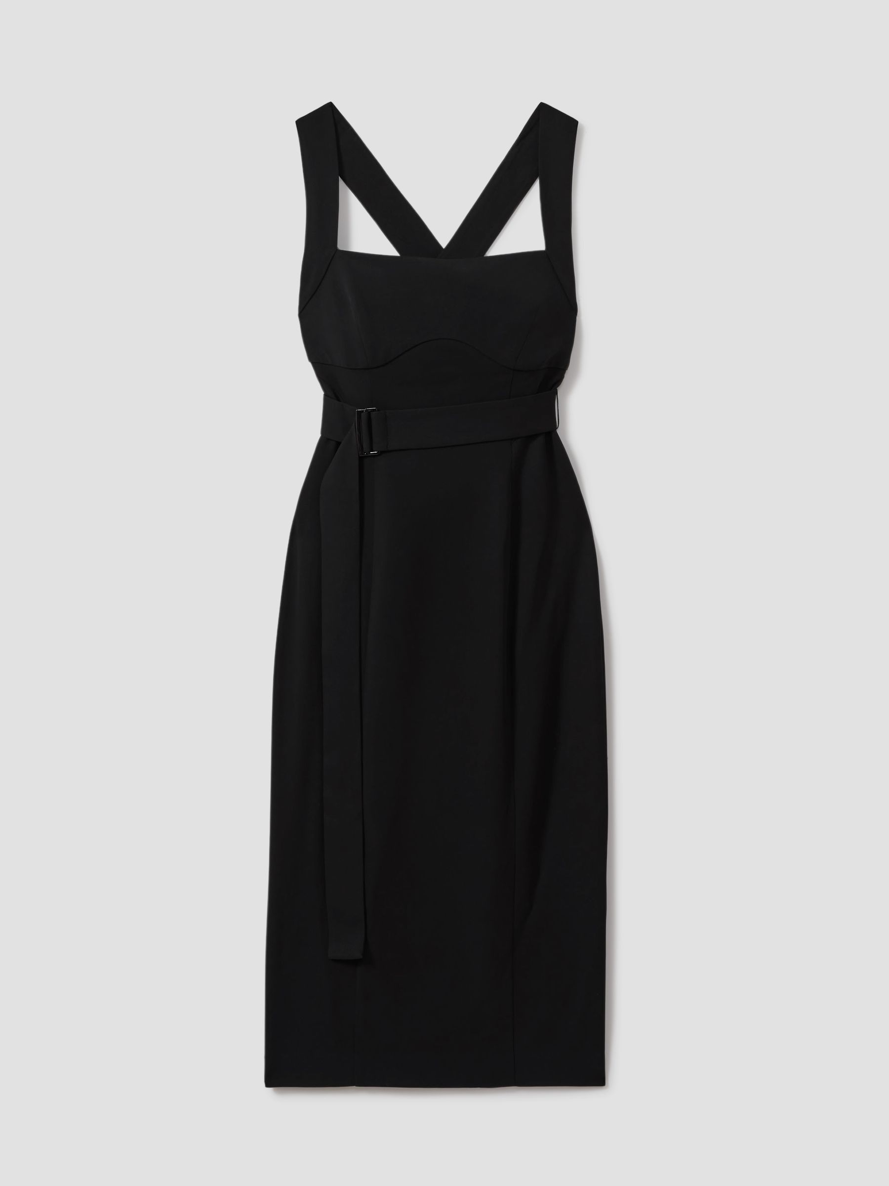 Cross-Back Belted Bodycon Midi Dress in Black - Image 2 of 6