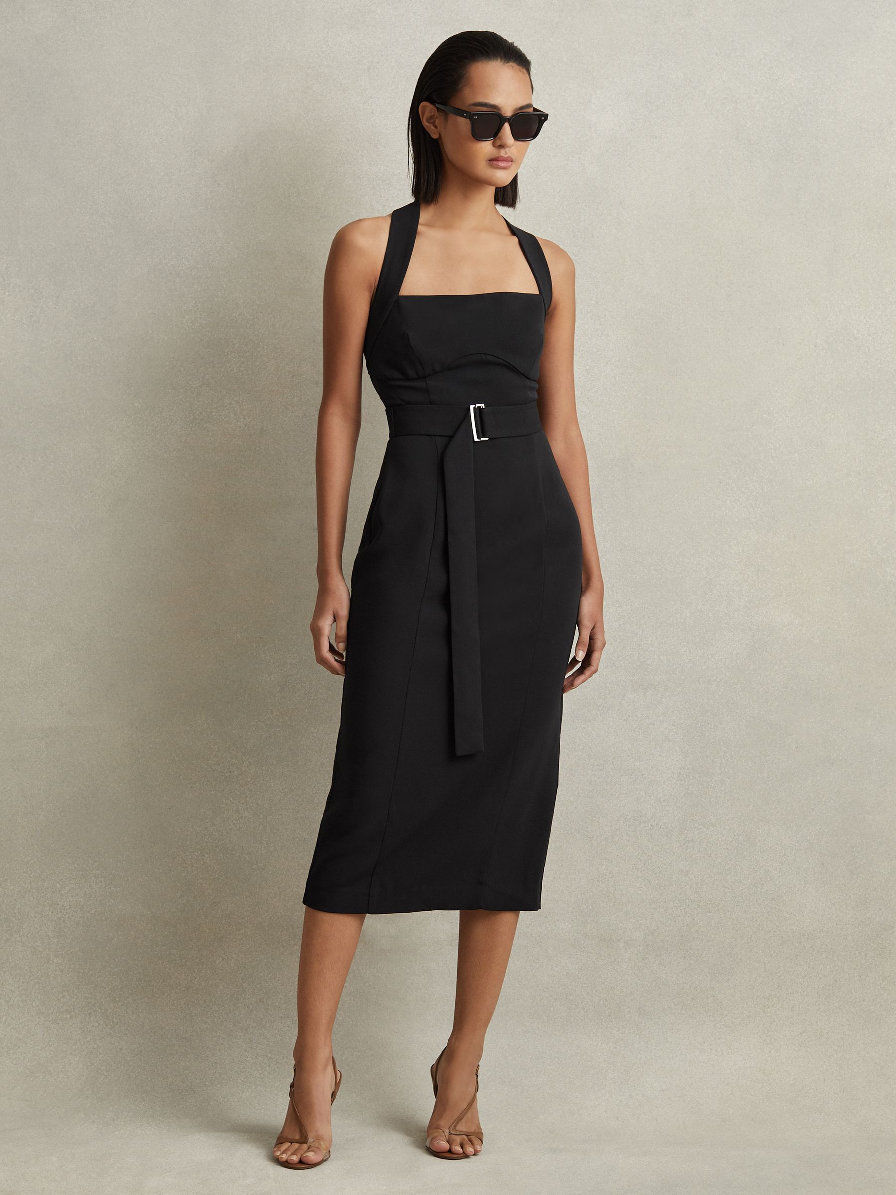 Cross-Back Belted Bodycon Midi Dress in Black - Image 3 of 6