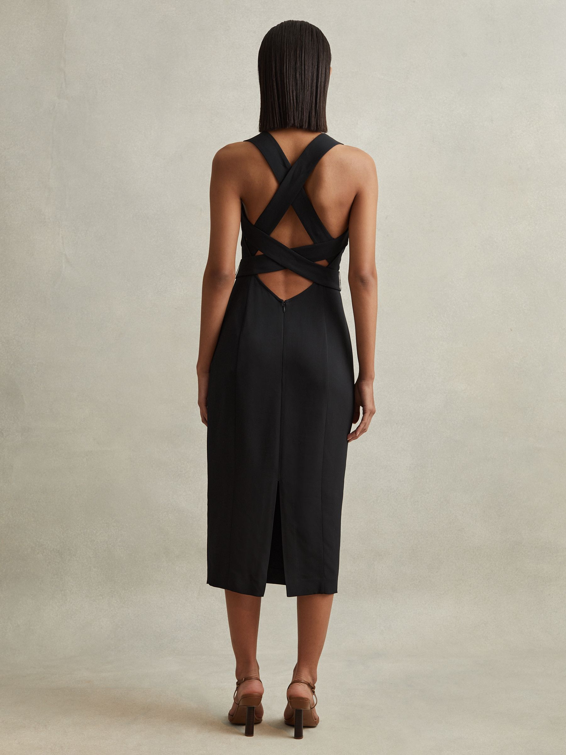 Cross-Back Belted Bodycon Midi Dress in Black - Image 5 of 6