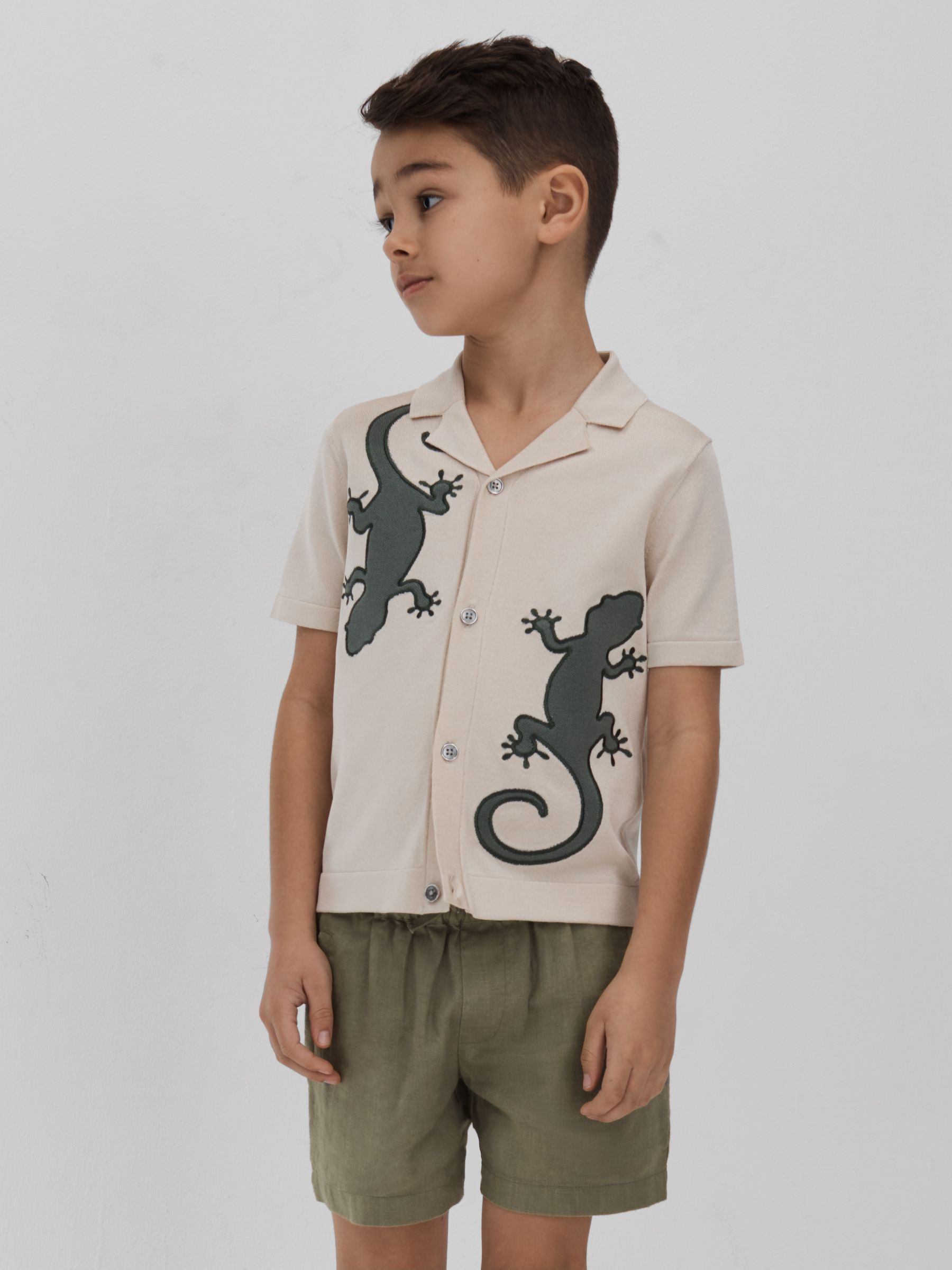 9-13 yrs Knitted Reptile Cuban Collar Shirt in Stone/Green - Image 1 of 4