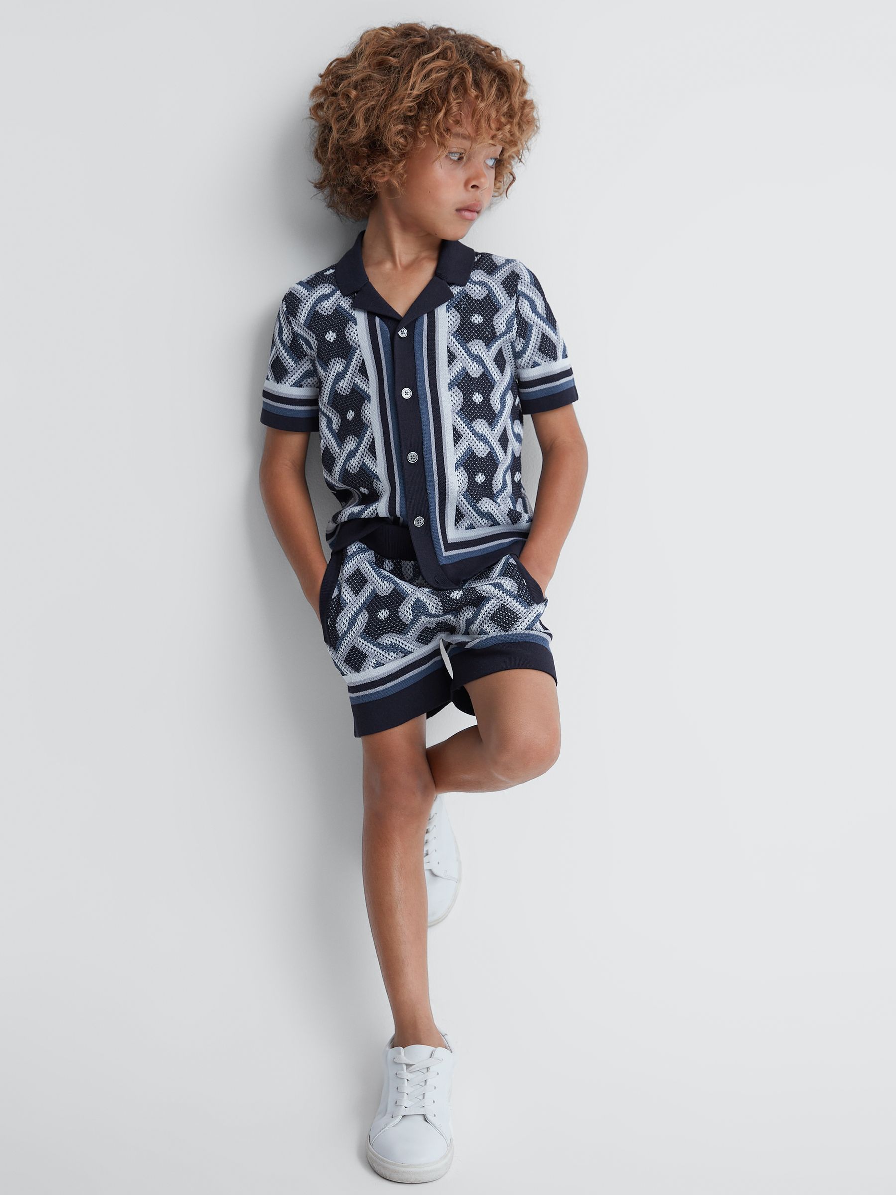 3-9 yrs Knitted Elasticated Waistband Shorts in Navy Multi - Image 1 of 6