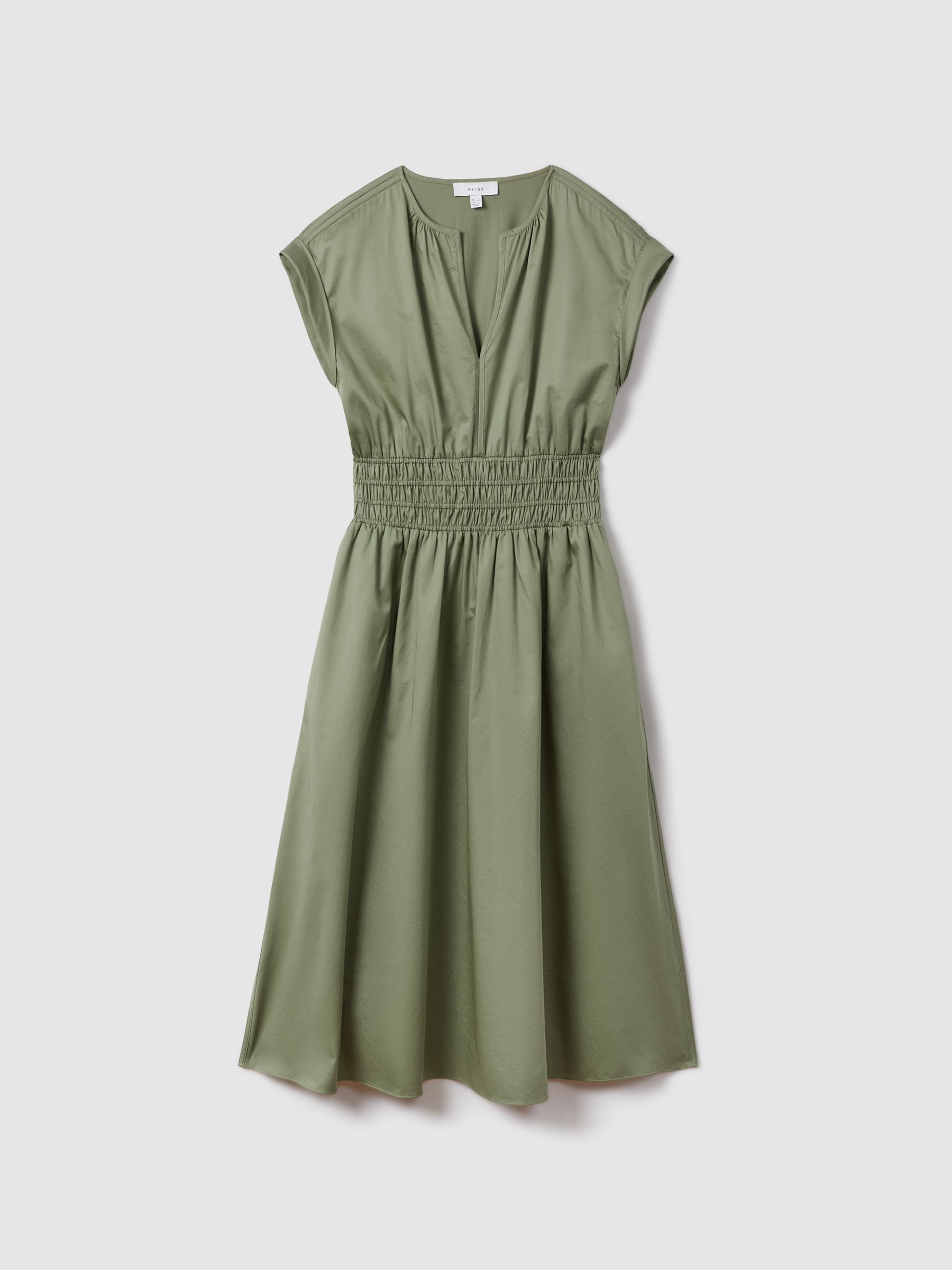 Cotton Ruched Waist Midi Dress in Green - Image 2 of 6