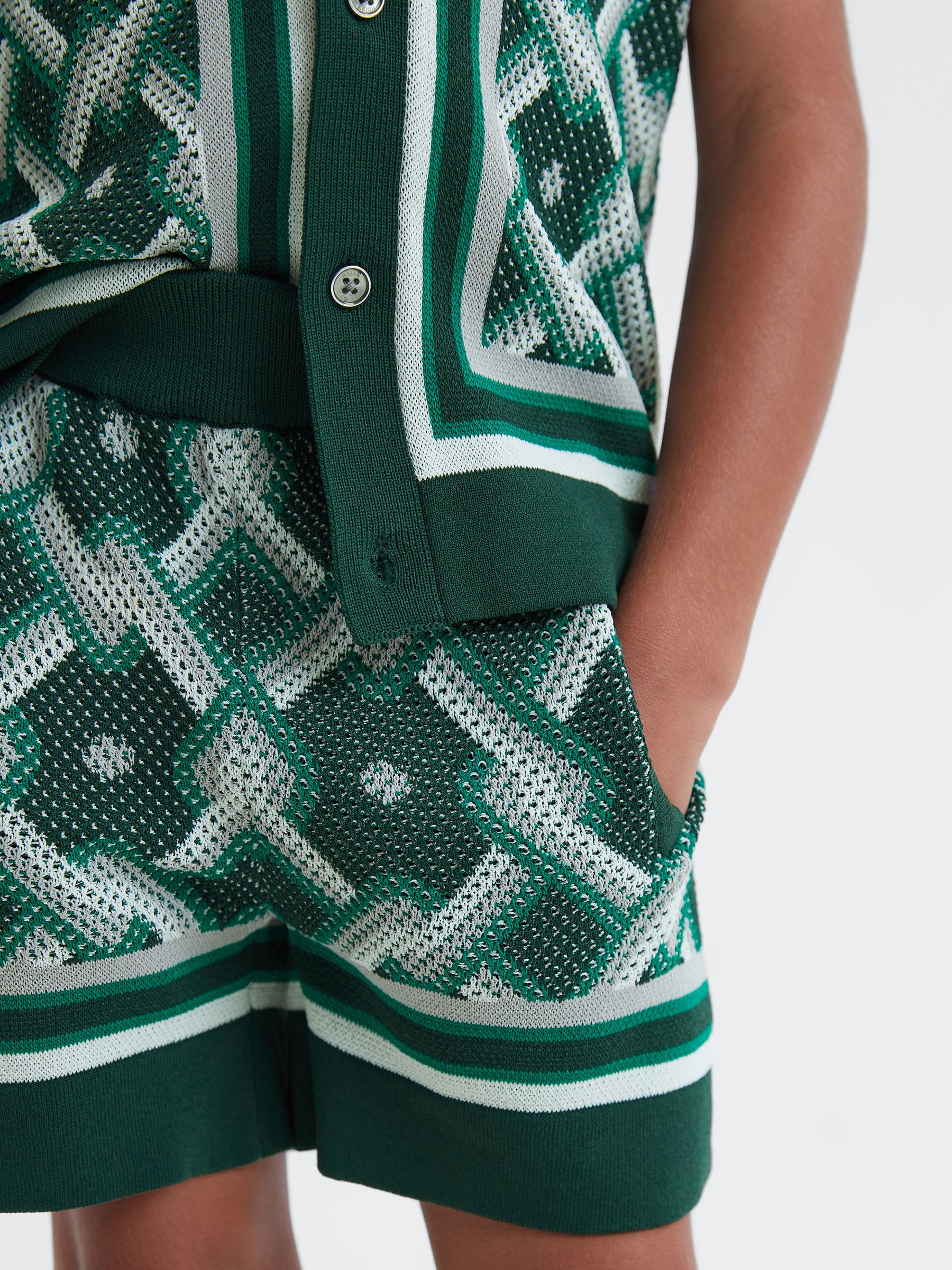 3-9 yrs Knitted Elasticated Waistband Shorts in Green Multi - Image 4 of 6